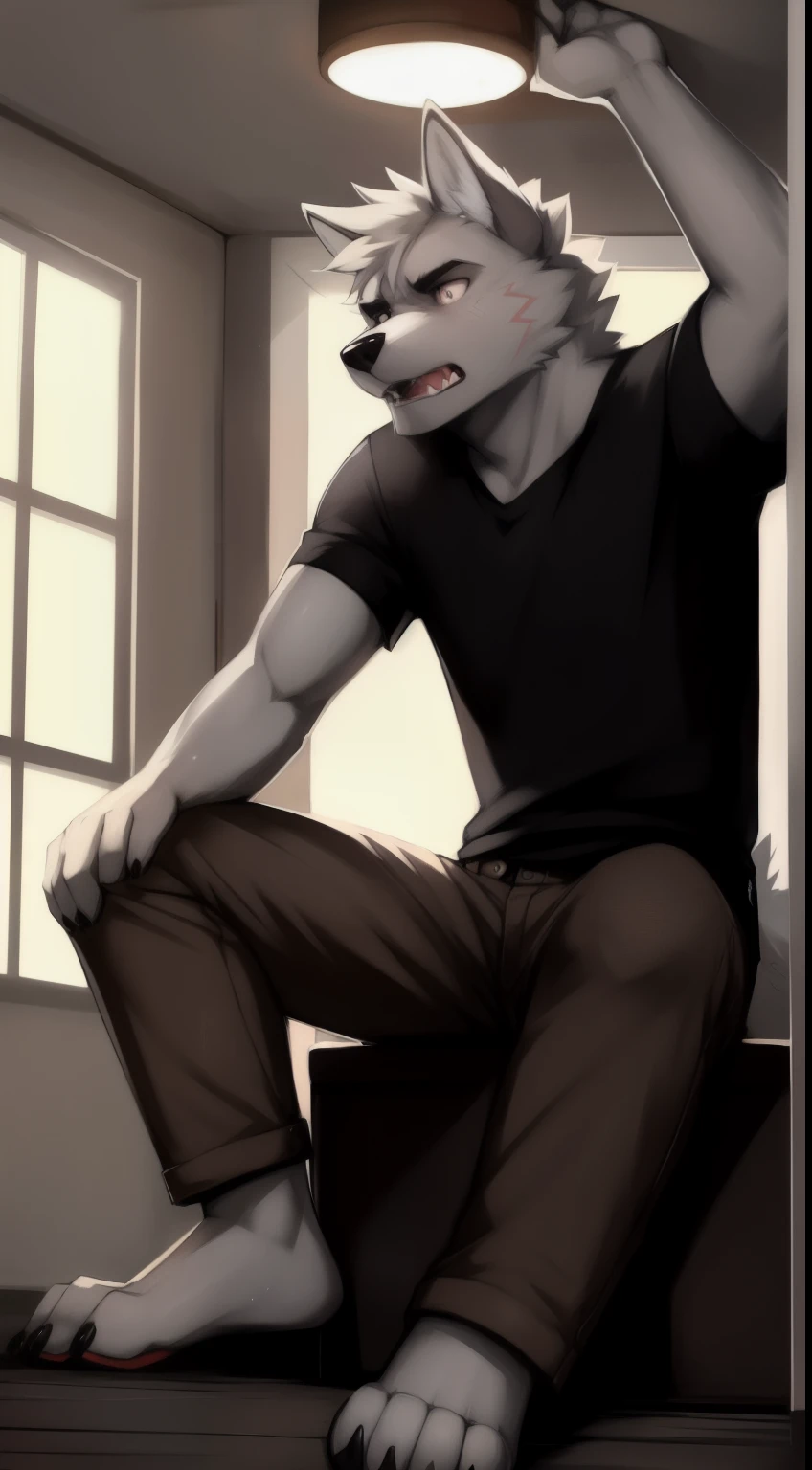 by zackary911, zackary911, wolf, anthro, ((gray skin)), 1man of 28 years, badly faced, frightening, expression of anger and seriousness, solo, background inside a house, black shirt, sit on floor, perfectly detailed eyes, extremely detailed body, clock on arm, perfectly detailed paws, black nose, perfectly detailed hands, brown shorts up to the knee long, barefoot, muscular open pants hand on the ceiling