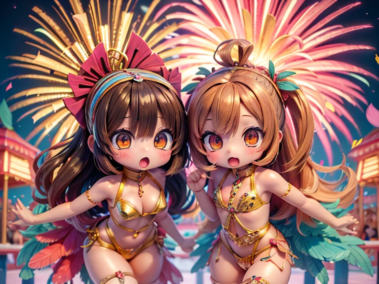traditional ecchi anime, chibi style, super dynamic vision, distant attempt, Ultra-HD quality, two cute girls, brunettes, brown eyes, very lively, sassy, carnival parade, samba, colorful confetti and streamers, fireworks in the background,