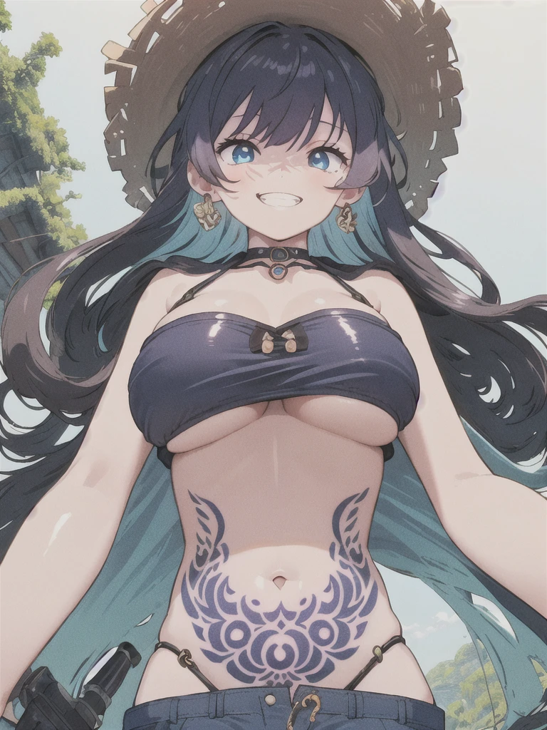 (best quarity,ultra detailed,ultra-high-resolution, absolutely resolution,8k, masterpiece), 20 years old,very-cute-and-beautiful-anime-girl,highly-detailed-face-and-eyes,grin,big-breast,(bust-shot:1.4),(from-below),blue-sky,(dark_skin:1.3),(tribal_tatoo:1.2),(Glossy Oceania Accessories:1.5),(wavy hairs),(messy hair),(asymmetry bangs),(multicolored hair),(blue eyes:1.3),(short-pants-bikini),deep-jungle,toropical flowers,vivid-colors,