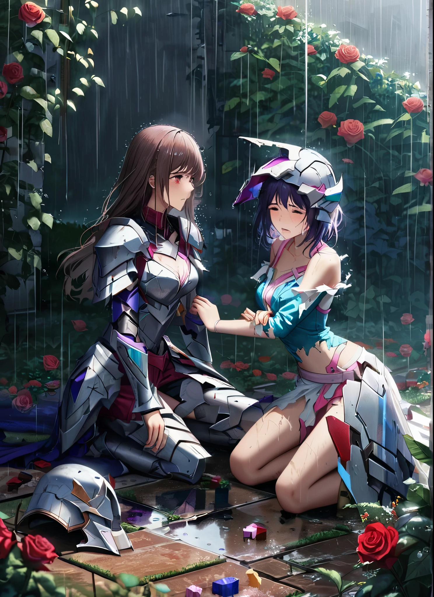 three girls, kneeling in the floor, wearing a ultra shattered and ultra broken cute skimpy bright armor, lot of missing pieces, very damaged armor ,ripped clothes, broken helmet ,broken shield and broken sword, in tears, sad, dramatic scene, tears flowing in the face, garden, roses, rain, ultra detailed face