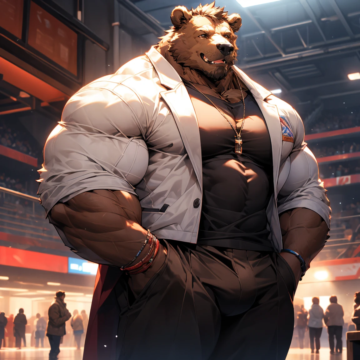 Muscular brown bear, Pectoralis major, Heavyweight, Bodybuilder, Wearing a white jacket, skirt, Big bulge, Standing while playing with smartphone, In public buildings, Bright smile expression, Glowing skin, Vibrant colors, 4K, realism, Cool lighting