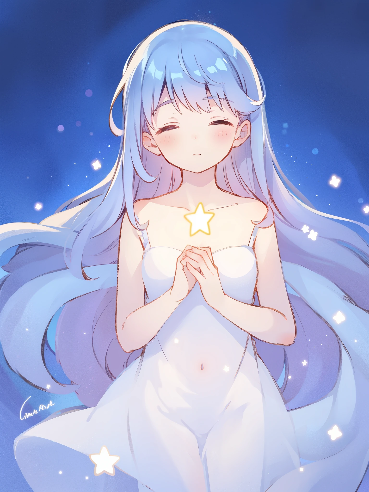 wishing star background, woman surrounded by flowing translucent fabric that reflects the stars, glowing star in front of woman's chest, magical, complex drawing, highly detailed, ethereal, starry night, midjourney style