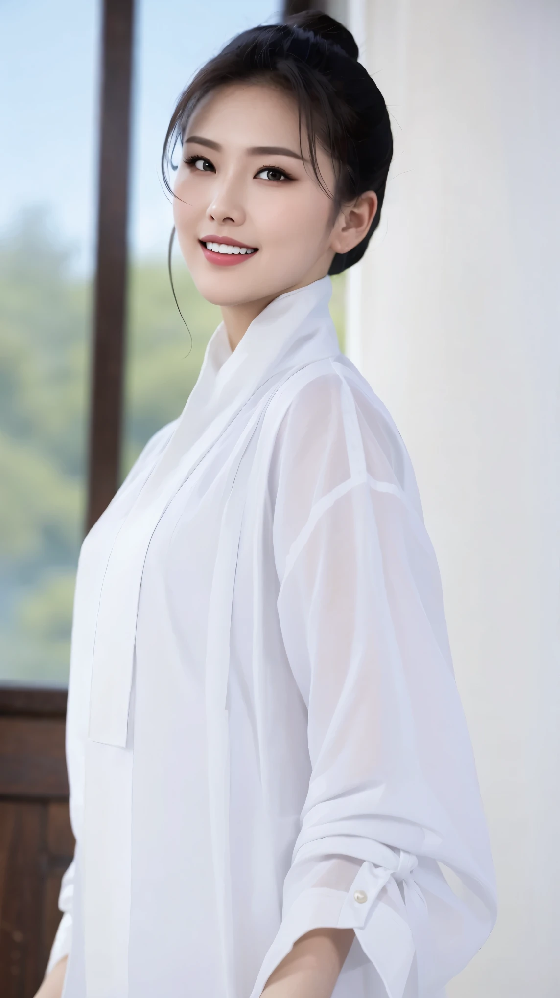 Fashion model 25 years old [[[[close up]]]], [[[[neck]]]], [[[[Shoulder]]]], Perfect eyes, Perfect iris，Perfect lips，Perfect Teeth，Perfect skin，White skin，Soft headlight，High-density imaging review，（Face is clear and delicate），((White casual wear))，((Smile))，((Background is indoor))，best quality，masterpiece，（Soft colors：1.2）