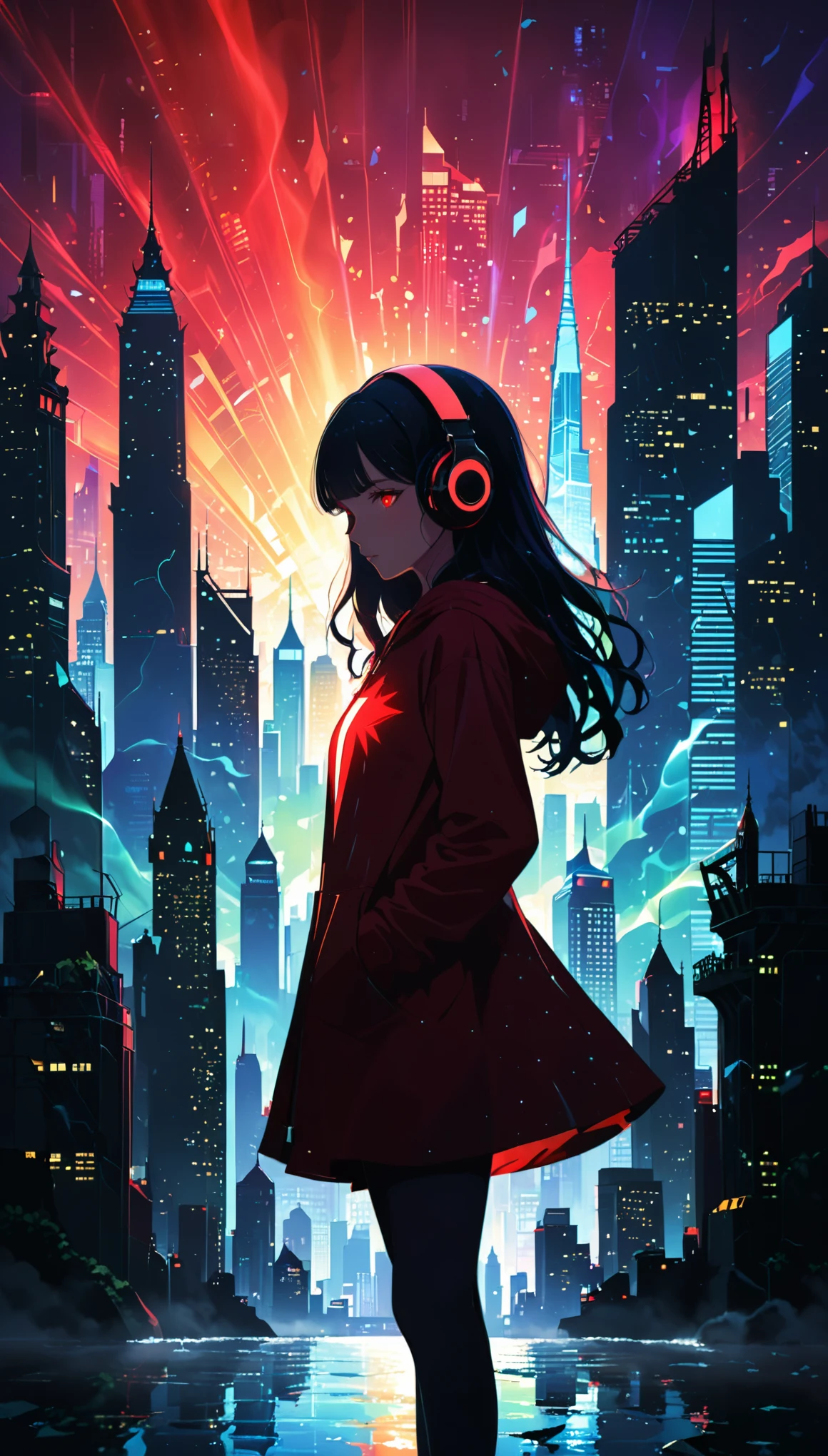 (artist by Jack Hughes:1.4),1girl,(wavy very long hair:1.3),(bright cityscape pattern on clothes:2.1),wide hood,hoodie,(headphones:1.2),silhoue1tte,
(skyline:1.2),(cityscape:1.4),(a big iron tower:1.3),Standing at the top of the tower,lavenderblush theme,(darkness:1.3),(silhouette:1.5),(Background with rich lines:1.5),(abstract background:1.6),(detail glowing red eyes:1.8),(looking the view:1.1),(Dark atmosphere,shadow,Silhouette,Minimalist style,dark,Very strong darkness:1.5),(dynamic_angle:1.2),(stylish_pose:1.6),glowneon,(dutch angle:1.2),
glowing,neon,(diffracted lightfog:1.8),hug your chest with one hand,volumetric,detailed,texture,(shadow:1.5),(bajifashien is loose and stylish:1.3),dynamic angle,rainbow hair,detailed cute anime face,((loli)),flower,cry,water,corrugated,flowers tire,broken glass,(broken screen),atlantis,transparent glass,curvy poseing,