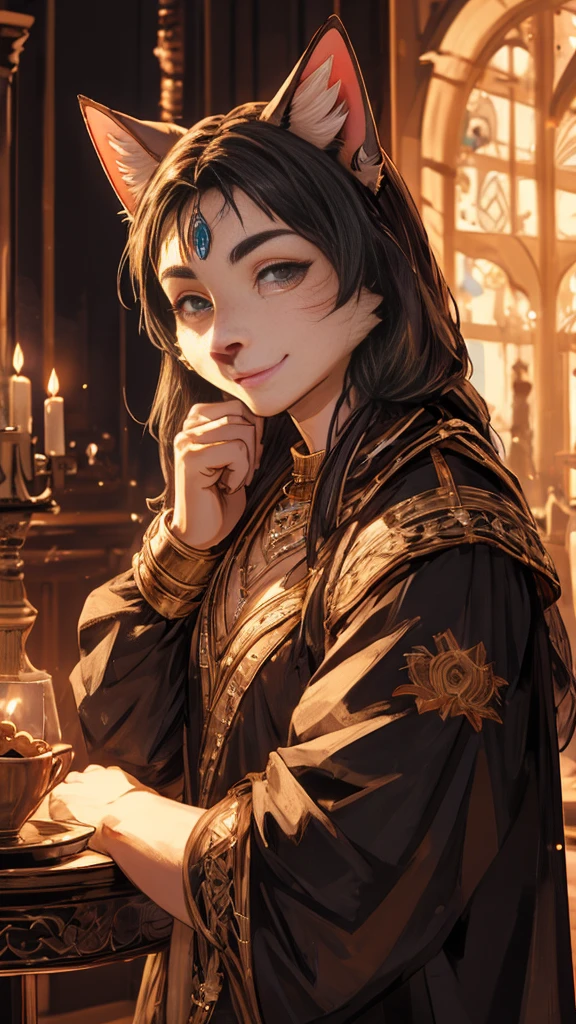 Cat Beastman、（サードアイのgirl）、highest quality、masterpiece、Ultra-high resolution、(Realistic:1.4)、Crisp and beautiful image quality、alone、girl、Forehead gem、Machinery Armor、cat ears girl、Third Eye、smile、close your eyes