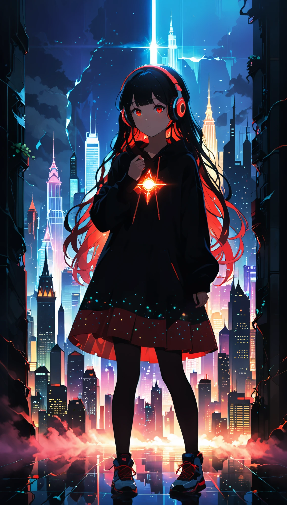 (artist by Jack Hughes:1.4),1girl,(wavy very long hair:1.3),(bright cityscape pattern on clothes:2.1),wide hood,hoodie,(headphones:1.2),silhoue1tte,
(skyline:1.2),(cityscape:1.4),(a big iron tower:1.3),Standing at the top of the tower,lavenderblush theme,(darkness:1.3),(silhouette:1.5),(Background with rich lines:1.5),(abstract background:1.6),(detail glowing red eyes:1.8),(looking the view:1.1),(Dark atmosphere,shadow,Silhouette,Minimalist style,dark,Very strong darkness:1.5),(dynamic_angle:1.2),(stylish_pose:1.6),glowneon,(dutch angle:1.2),
glowing,neon,(diffracted lightfog:1.8),hug your chest with one hand,volumetric,detailed,texture,(shadow:1.5),(bajifashien is loose and stylish:1.3),dynamic angle,rainbow hair,detailed cute anime face,(()),flower,cry,water,corrugated,flowers tire,broken glass,(broken screen),atlantis,transparent glass,curvy poseing,