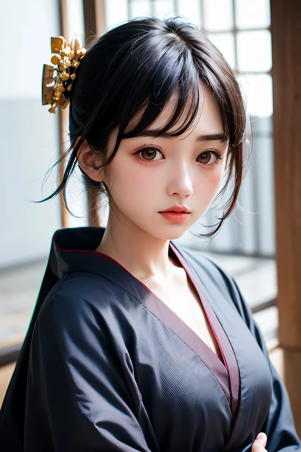 (1 nogizaka girl,raw photo,photo realistic:1.5),(best quality, high quality,HDR, highest quality,ultra high resolution,high resolution,high res,ultra high difinition,huge file size,8K,2K wallpaper,8K wallpaper,high quality texture,amazing,an extremely delicate:1.4),one girl, Japanese famous idol,beautiful face,small face,absurd,ridiculous,incredibly ridiculous,portrait,breasts close up,blurry background,(kimono,cleavage,no makeup:1.2),medium skin,beautiful skin,detailed skin,small head,black hair,silky hair,(Japanese eyes,almond eyes:1.5),detailed eyes,black eyes,Japanese idol eyes,Japanese nose,5-fingers,(eyebrow:-0.5),(Light Particles, Lens Flare, Luminous Particles: 0.7),looking at viewer,bright lighting,professional lighting,girl