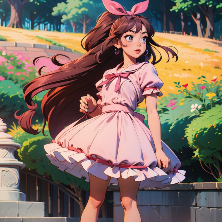 A beautiful girl with mid length hair in a half pony and she has a side bangs. Her eyes are chinky, nose is high and small and she has a heart shaped lips. She is wearing a beautiful pink dress and a very cute shoes with ribbon. She is in the park.