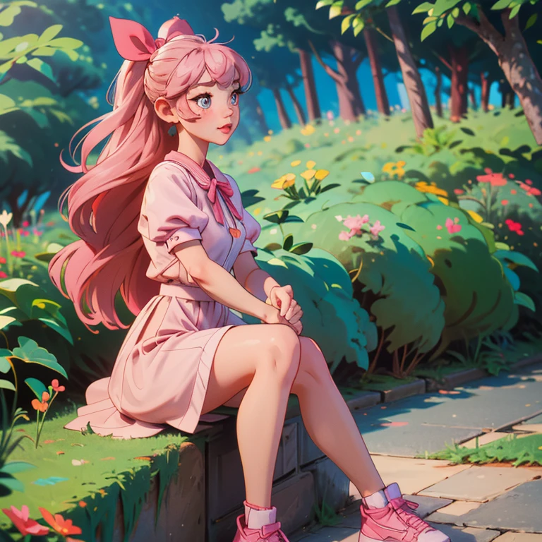 A beautiful girl with mid length hair in a half pony and she has a side bangs. Her eyes are chinky, nose is high and small and she has a heart shaped lips. She is wearing a beautiful pink dress and a very cute shoes with ribbon. She is in the park.