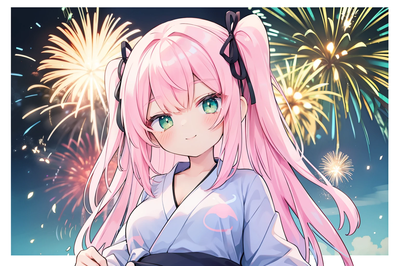 Large Breasts、Cleavage、smile、 sparklers:2、skyrocket、Fireworks in full bloom、nigh sky(((masutepiece))),((ultra-detailliert,Best Quality, hight resolution, 8K Wallpaper, Beautiful clothes,)),fullllbody,Fulll body Shot (1 girl)((Pink hair, Long hair,Straight hair,two side up)) (Green eyes),eyeshadows, eye line,, ultradetailed eyes, intricate eyes, Beautiful eyes, 18-year-old girl.a smile、Wearing yukata。look up sky、(PastelColors:0.3)、(Cute illustration:0.3)、(watercolor paiting:0.5)、