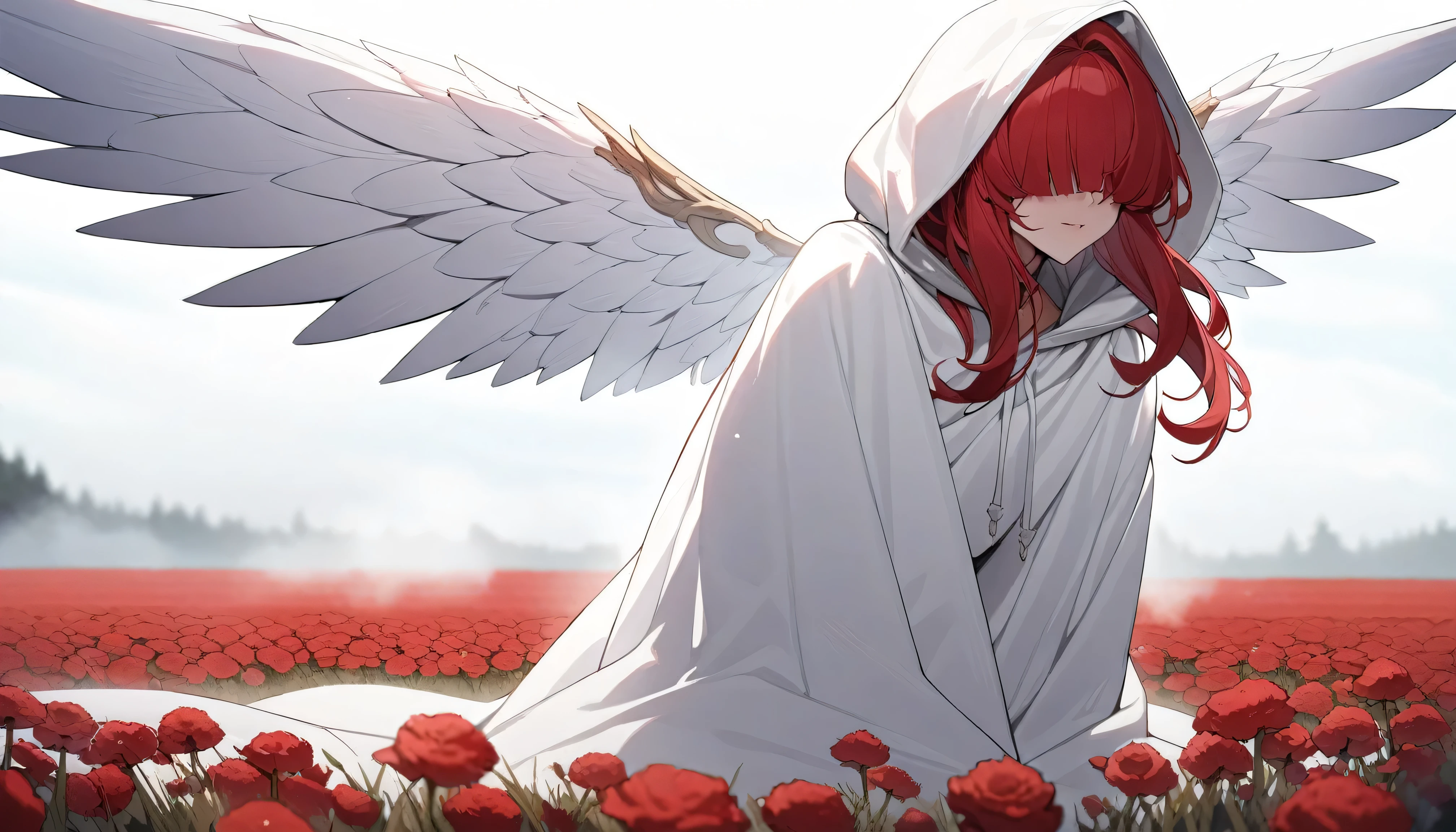 high quality, masterpiece, in detail, correct anatomy, detailed face. (One Angel Girl), ((huge wings)), Stunning appearance, Imperturbable, white and red hair, (hair completely covers eyes), without shoes, (((The hood completely covers the eyes))), ((mature face)). On a field with red flowers, thick fog