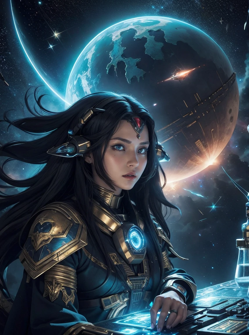 Long Hair Girl, Surrounded by stars and spaceships, Use oil painting techniques, highest quality, Very detailed, Realistic Style, Vibrant colors, studiowith lighting, Sword of Light, Space battleship in the background, Epic battle scenes, Futuristic Setting, Magnificent sky, Intense action, Dynamic pose, Powerful power, Space Battleship Combat, Space Fighter, Iconic Characters, Strong emotions, Galactic War