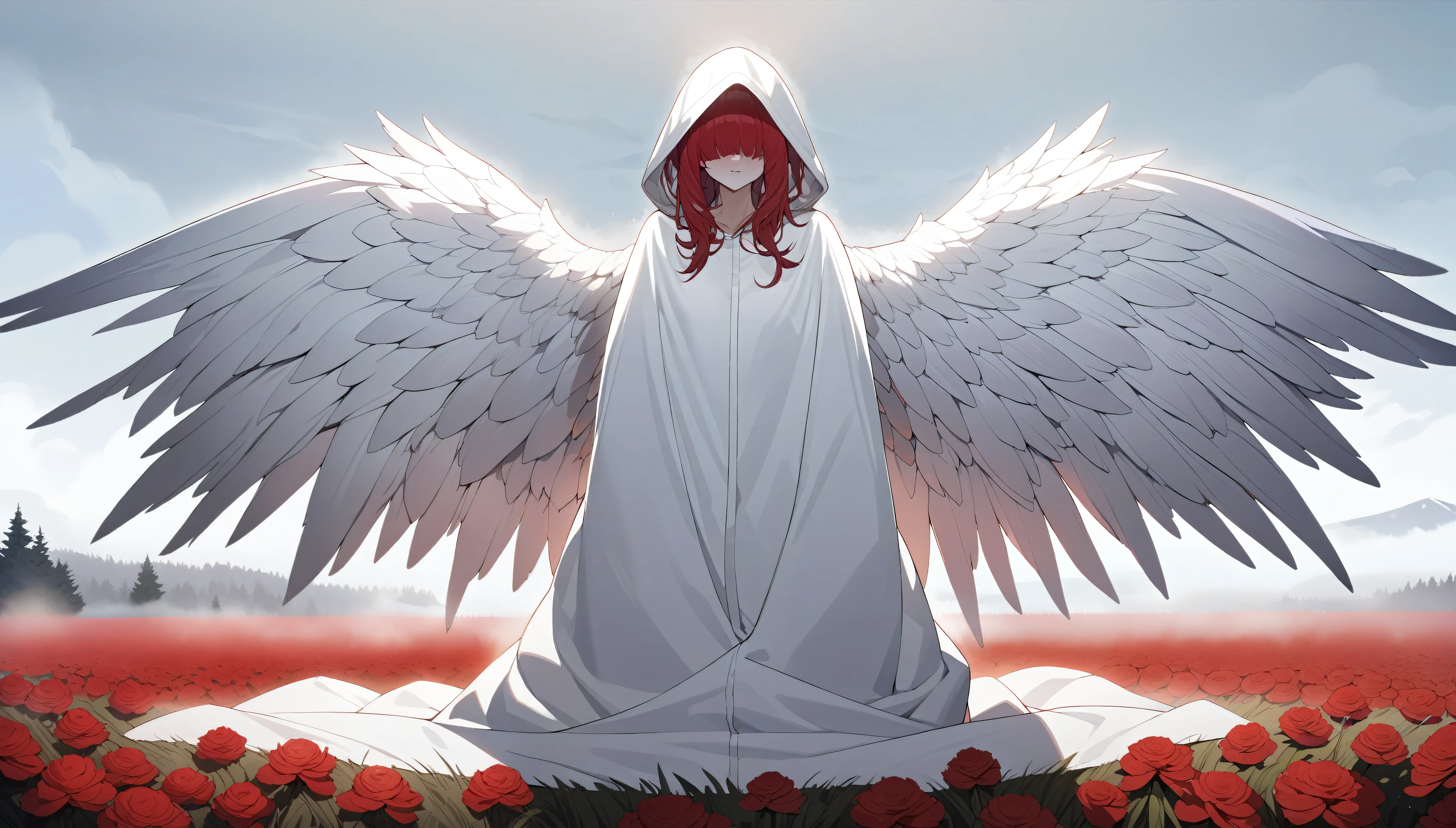high quality, masterpiece, in detail, correct anatomy, detailed face. (One Angel Girl), ((huge wings)), Stunning appearance, Imperturbable, white and red hair, (hair completely covers eyes), without shoes, (((The hood completely covers the eyes))), ((mature face)). On a field with red flowers, thick fog