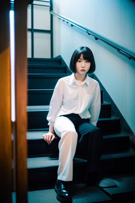 (One girl),Japan at 25,Black medium hair, Black tie,Long sleeve white shirt,Black trousers, I have a few freckles,The darkness of cyberspace glows blue(1.5),Sitting on the stairs,background complex structure、Full body photo (standing)、Great face and eyes, ((highest quality)), (Very detailed), (Very detailed CG 統合 8k 壁紙), Very detailed, High-resolution RAW color photos, Professional photography,