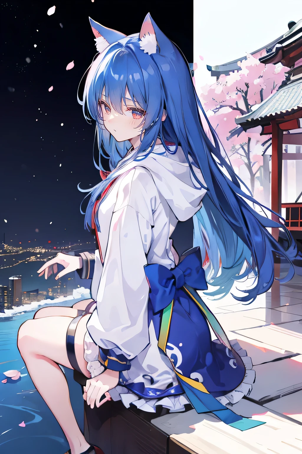 (masterpiece:1.2),Super detailed,lifelike,Expressive eyes,fair skin,perfect face shape,1 girl,
Japanese comics,Gorgeous blue hair,flowing blue hair,flowing clothes,Cat ears,Petals fall,beautiful lola,Baby Angel,
Shaking head with one hand,Cross your legs,Gentle and peaceful background,The pavilion is cool and comfortable,smile, wearing hoodie, background of tokyo,back views,snowing, winter.