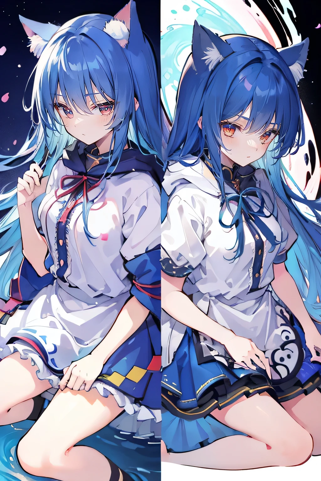(masterpiece:1.2),Super detailed,lifelike,Expressive eyes,fair skin,perfect face shape,1 girl,
Japanese comics,Gorgeous blue hair,flowing blue hair,flowing clothes,Cat ears,Petals fall,beautiful lola,Baby Angel,
Shaking head with one hand,Cross your legs,Gentle and peaceful background,The pavilion is cool and comfortable,smile, wearing hoodie, background of tokyo,back views,snowing, winter.