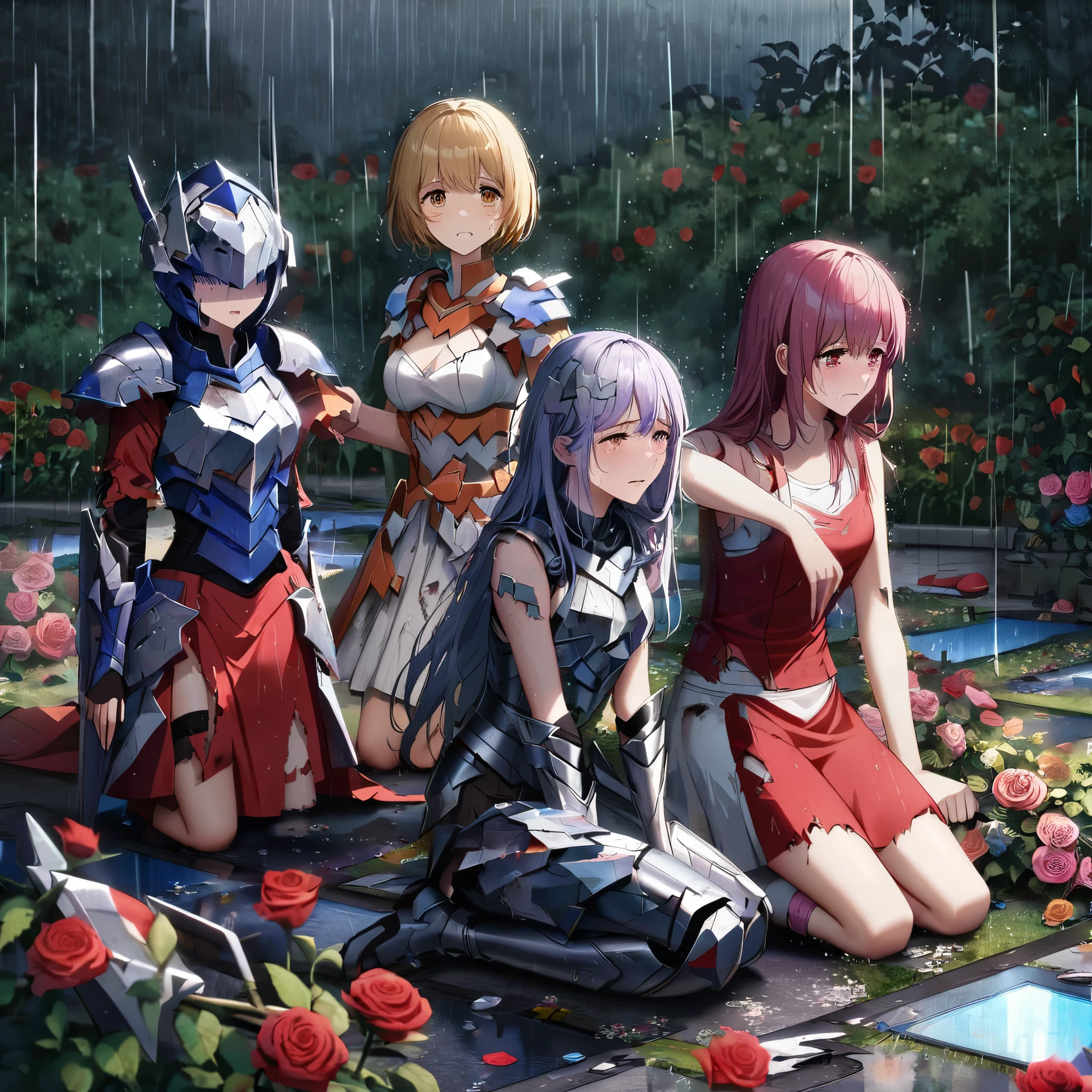 three girls, kneeling in the floor, wearing a ultra shattered and ultra broken cute skimpy bright armor,  lot of missing pieces, very damaged armor ,ripped clothes, broken helmet ,broken shield  and broken sword, in tears, sad, dramatic scene, tears flowing in the face, garden, roses, rain, ultra detailed face 