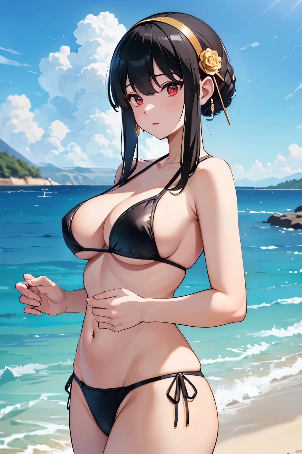 masterpiece, best quality, highres, aayorf, sidelocks, black hairband, hair ornament, red eyes, gold earring, large breasts, black bikini, cowboy shot, standing, beach, from side,