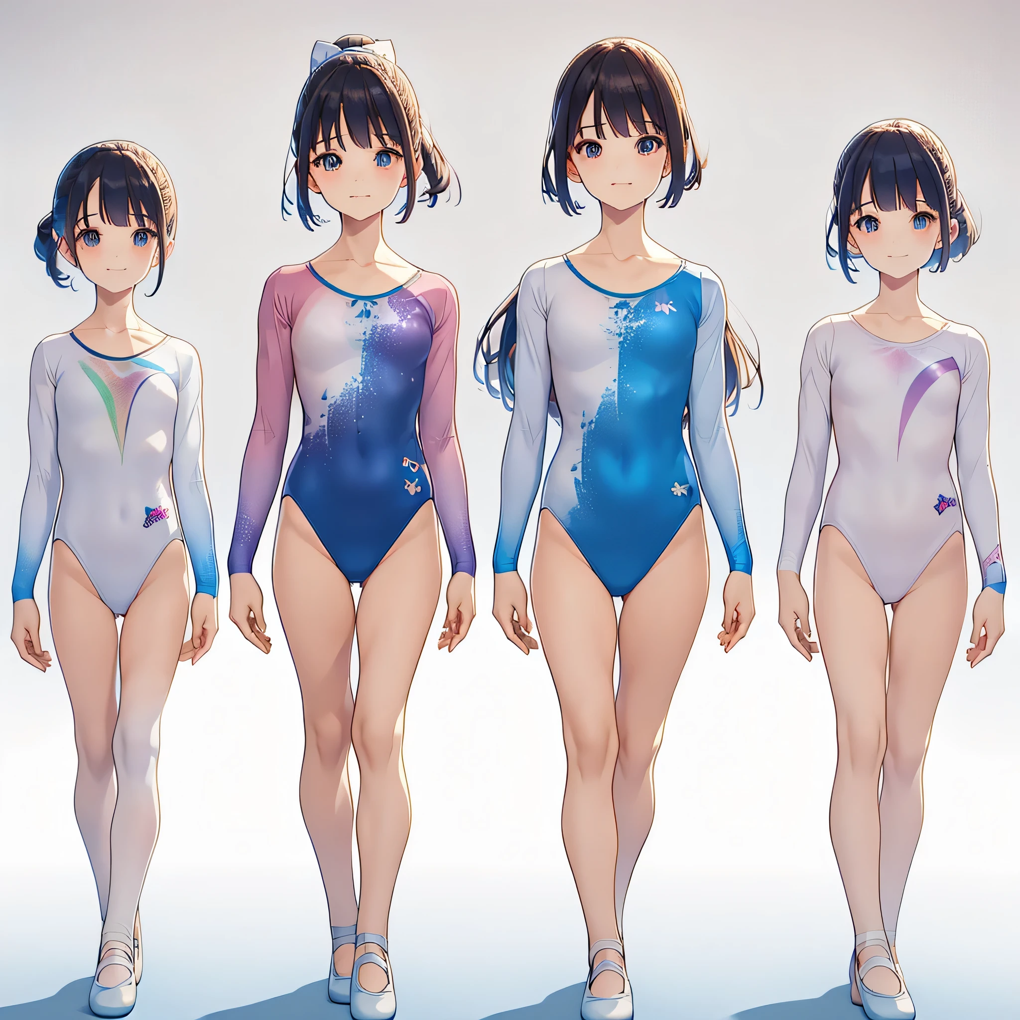 Gymnastics club,(4 girls:1.3),(long sleeves leotard:1.3),(rainbow print leotard:1.3),(white leotard),full body, pony tail, blue ribbon, long hair,(body suit:1.2),(over , under 19 years old:1.2), ballet shoes, white background