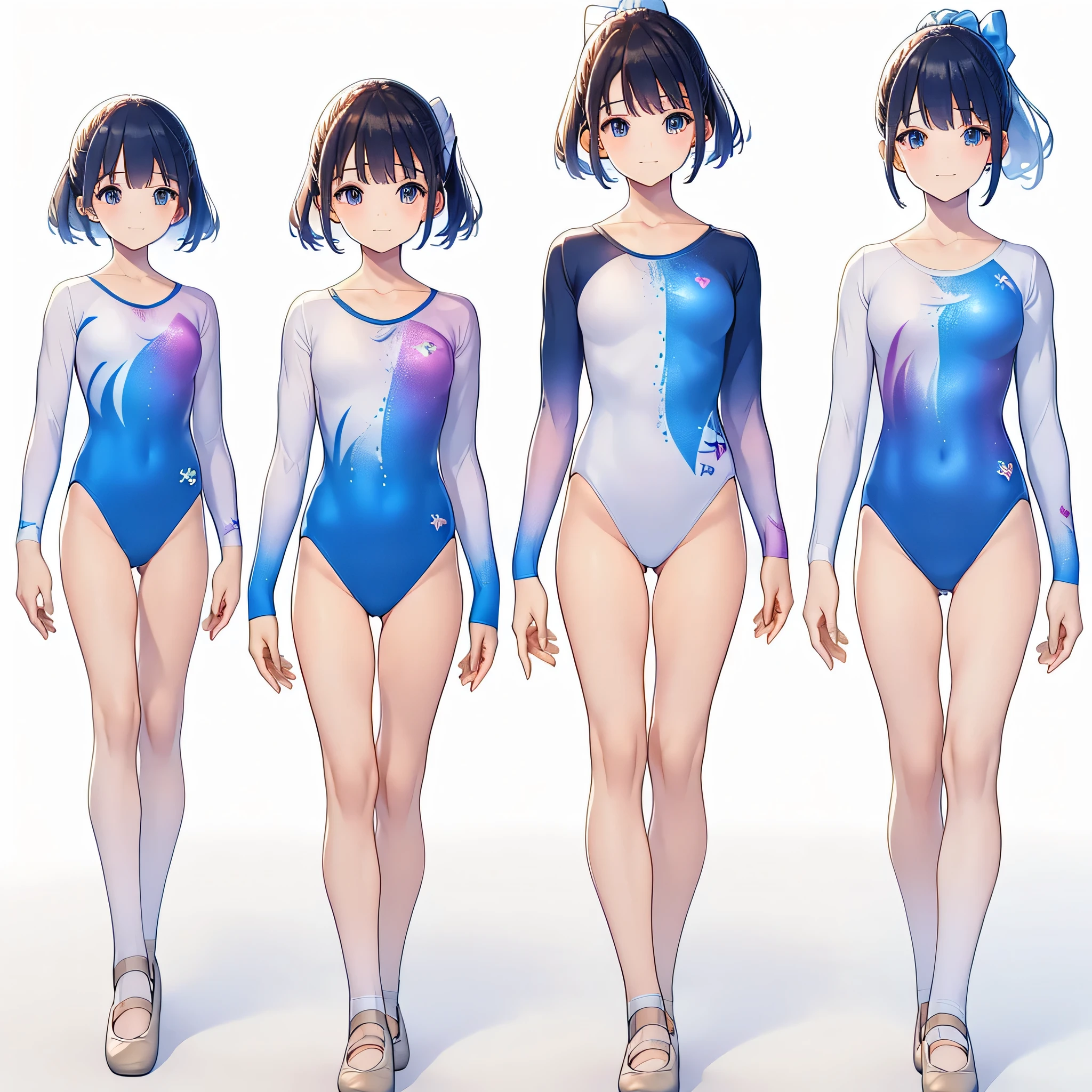 Gymnastics club,(4 girls:1.3),(long sleeves leotard:1.3),(rainbow print leotard:1.3),(white leotard),full body, pony tail, blue ribbon, long hair,(body suit:1.2),(over ************, under 19 years old:1.2), ballet shoes, white background