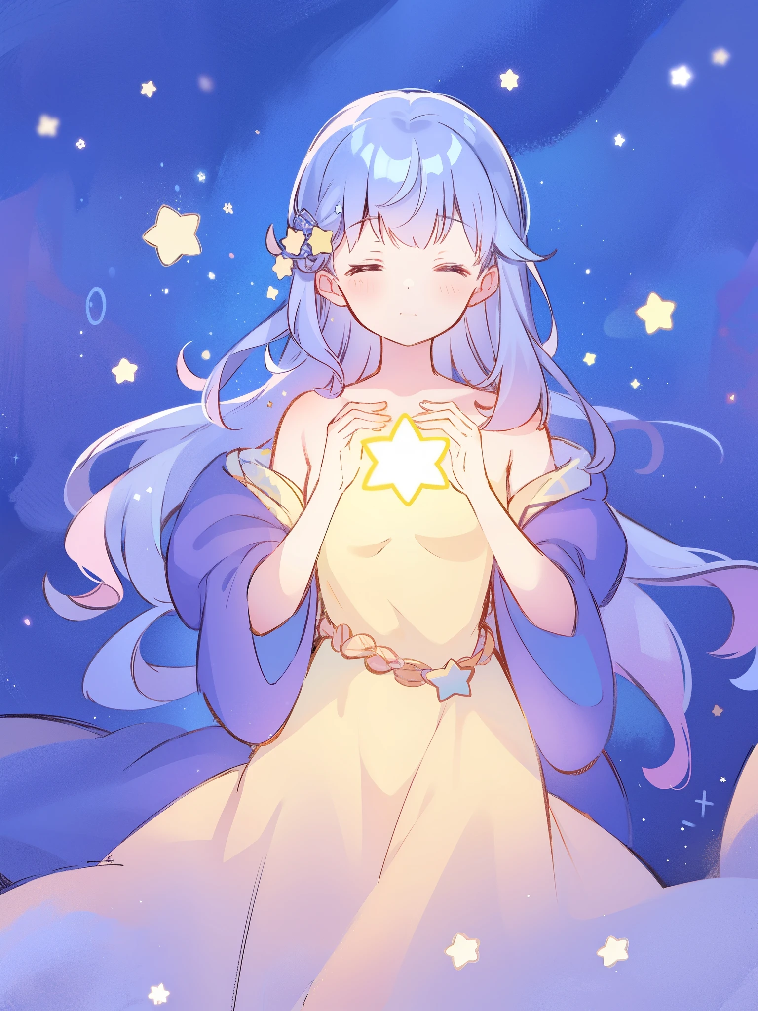 wishing star background, woman surrounded by flowing translucent fabric that reflects the stars, glowing star in front of woman's chest, magical, complex drawing, highly detailed, ethereal, starry night, midjourney style