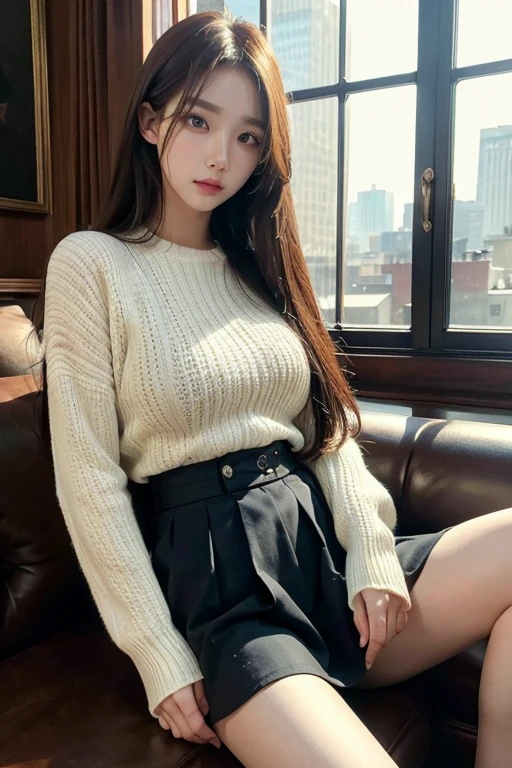 (realistic), (high resolution), (masterpiece), (intricate details), Handsome Korean man sitting on the sofa，A beautiful woman is sitting on his lap.，(skirt), I love the house