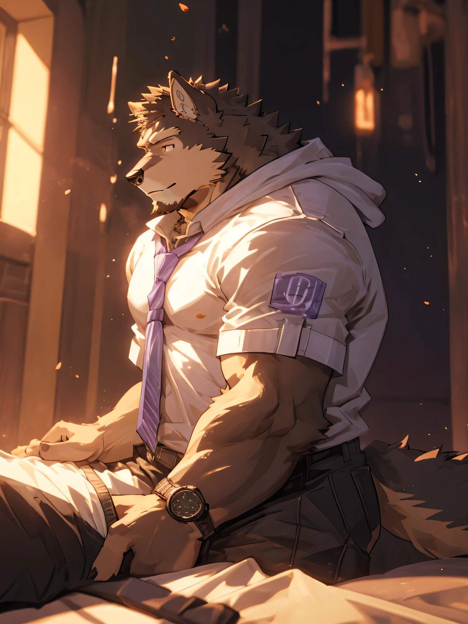 (masterpiece),(best quality),(Ultra-clear picture quality),German Shepherd Orc(male),Big muscles,Hairy hair all over the body,Starry purple eyes,Black eyelashes,beautiful eyes,White casual sweatshirt,Beige casual shorts,Wearing a watch,Handsome wolf,giggle,Half lying on the white leather sofa,Upper side view whole body,There is light behind it,In a cozy little house,Golden Sunshine,(Light and shadow masterpiece),(dynamic picture)