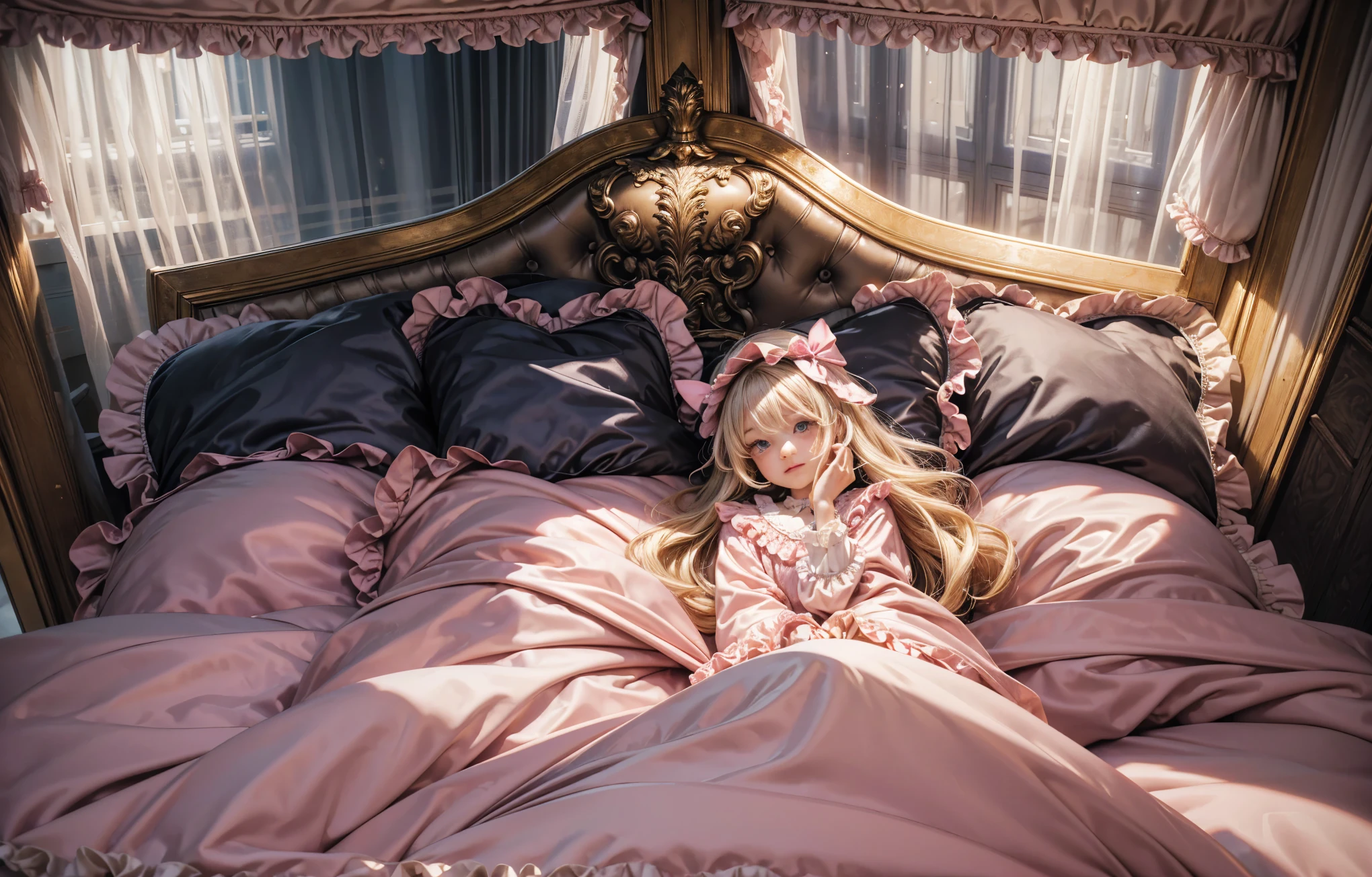 ,highest quality, masterpiece, Highest Resolution, artwork, super それにGet used to it, many Get used to it, Get used to it, それにGet used to it, 3K 90s Anime Illustration,(( 10 year old girl)),Super detailed baby face,high quality small face,long blonde hair that grows to the waist,blue eyes,白い肌のEuropean,pajamas, European,(((Super long blonde hair))),Curly Hair,blue eyes,((((ピンクのロリータファッションのLong skirtのワンピースドレス)))),((A pink nightgown with lots of frills and ribbons)),((A luxurious nightcap with frills and ribbons)),Detailed headdress,,(((Large yoke collar))),Yoke collar with ruffles and bow,((((Long sleeve)))),Ruffle sleeves,((((Long skirt)))),White ruffle and lace socks,Large frill and ribbon pillow,(((Nice pink outfit))),豪華なCanopy bedの上,Canopy bed,The bed is surrounded by luxurious curtains.,There were a lot of frilly pillows on the bed.,There are a lot of frilly pillows behind the girl.,Highly detailed background,Detailed bed,Soft pink comforter,Very fine soft frilly pillow,Beautiful girl illustration,Beautiful face in every detail,Thinning hair,Detailed eyes ,Detailed eyess,Mouth details, Arm details,Beautiful Hands,Detailed pillow,Large bed,Illustration on the bed, ,((((Round futon)))),((((A large frilly futon that covers the entire bed)))),Detailed comforter,Detailed bedシーツ,Before bedtime,Romantic atmosphere,Palace Bedroom,((((The lower half of my body is completely wrapped in a large, fluffy futon..)))) The girl is leaning against a pile of pillows, ,((((Round futon)))),((((A large frilly futon that covers the entire bed)))),