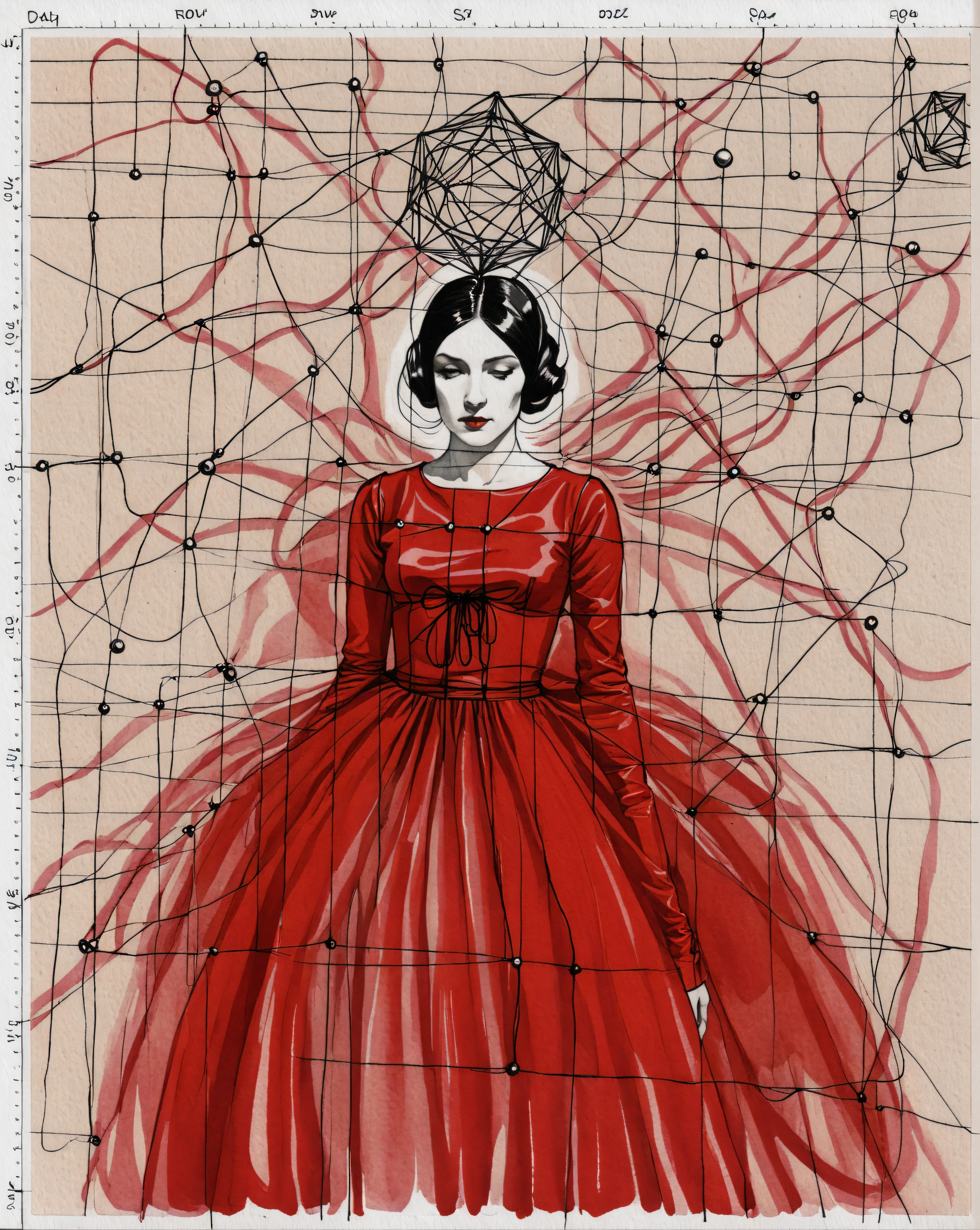 drawing of a woman in a red dress, tumblr, dada, vespertine, sketch of a lucid dream, wrapped in wires and piones
, geometrical painted art illustration, geometrical shapes