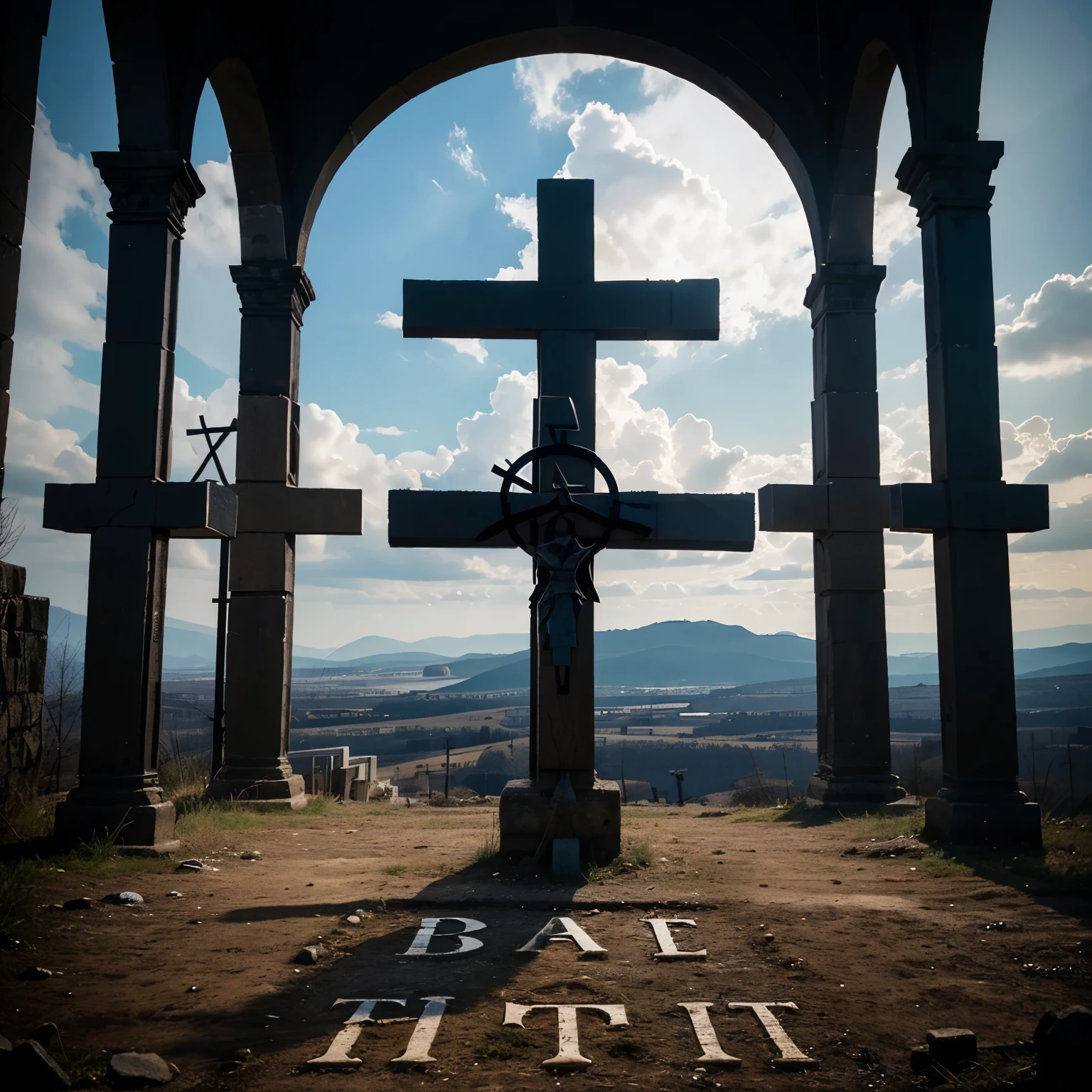 Create a picture depicting three crosses on Golgotha, each resembling the letter T. Between the crosses, insert letters that spell out the word 'proTesTanTism'