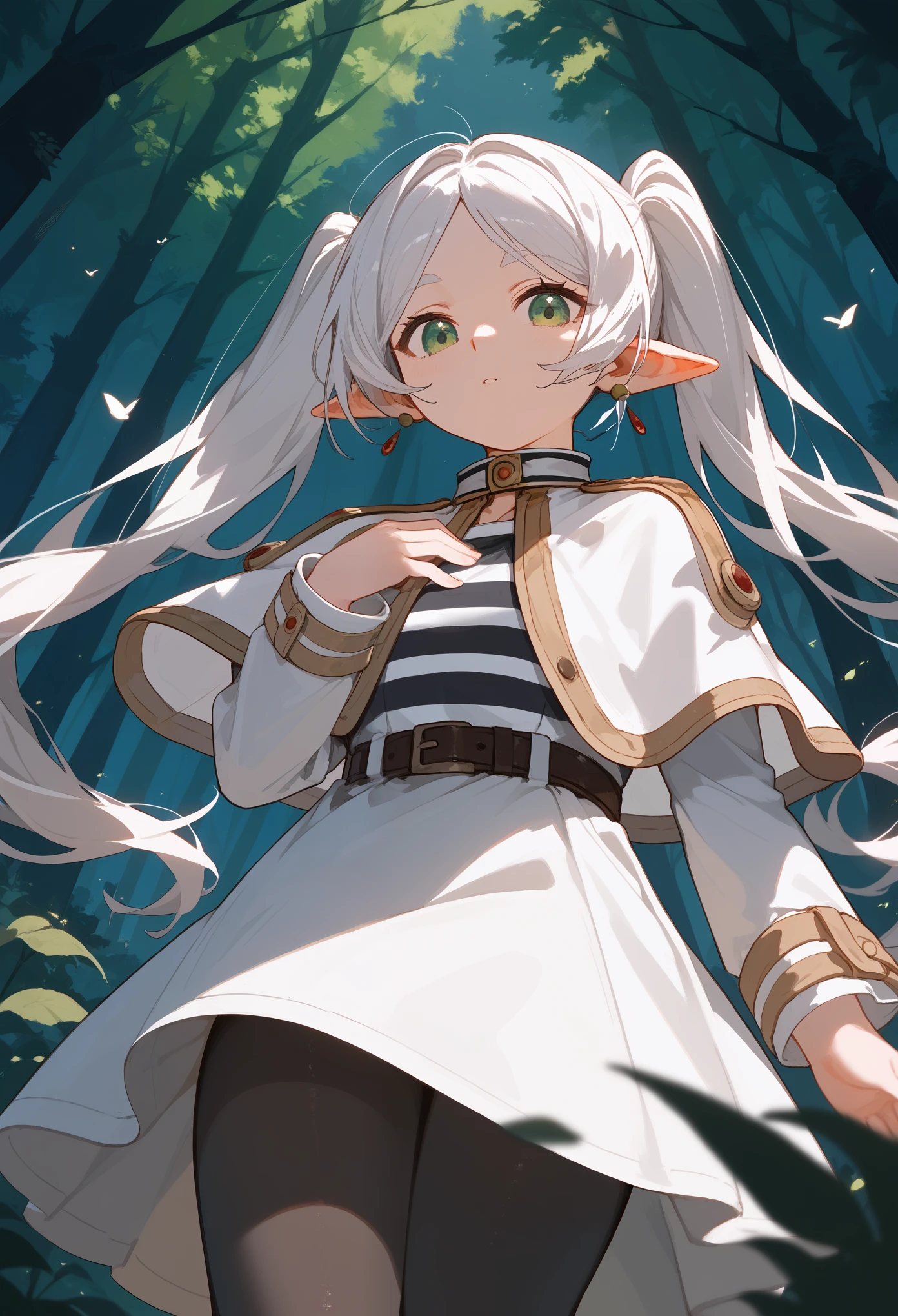 masterpiece, best quality, (score_9, score_8_up, score_7_up), 1girl, solo, FrierenBase, green eyes, white hair, long hair, twintails, earrings, white capelet, striped shirt, black stripes, long sleeves, belt, white skirt, black pantyhose, looking at viewer, from below, hand on chest, delicate hands, forest, night, sharp focus, masterpiece, best quality
