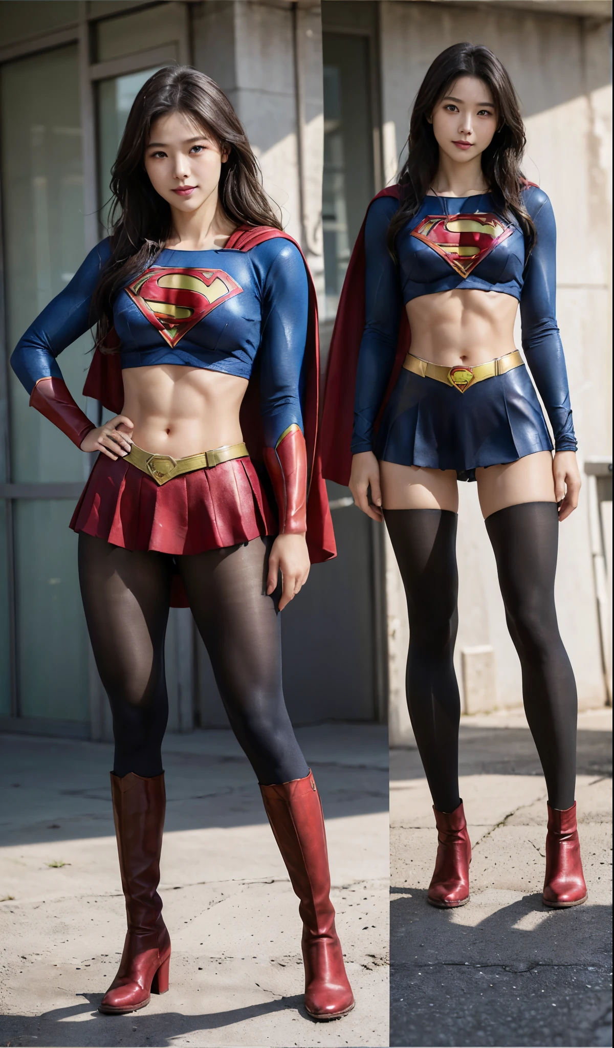 No background、(((Beautiful legs in black tights.)))、(((Legally express the beauty of your smile)))、((((Make the most of your original images)))、(((Supergirl Costume)))、(((Beautiful Hair)))、(((suffering)))、(((Please wear black tights....、Wear red boots)))、((Best image quality、8k))、((highest quality、8k、masterpiece:1.3))、(((Preserve background )))、Sharp focus:1.2、Beautiful woman with perfect figure:1.4、Slim Abs:1.2、Wet body:1.5、Highly detailed face and skin texture、8k