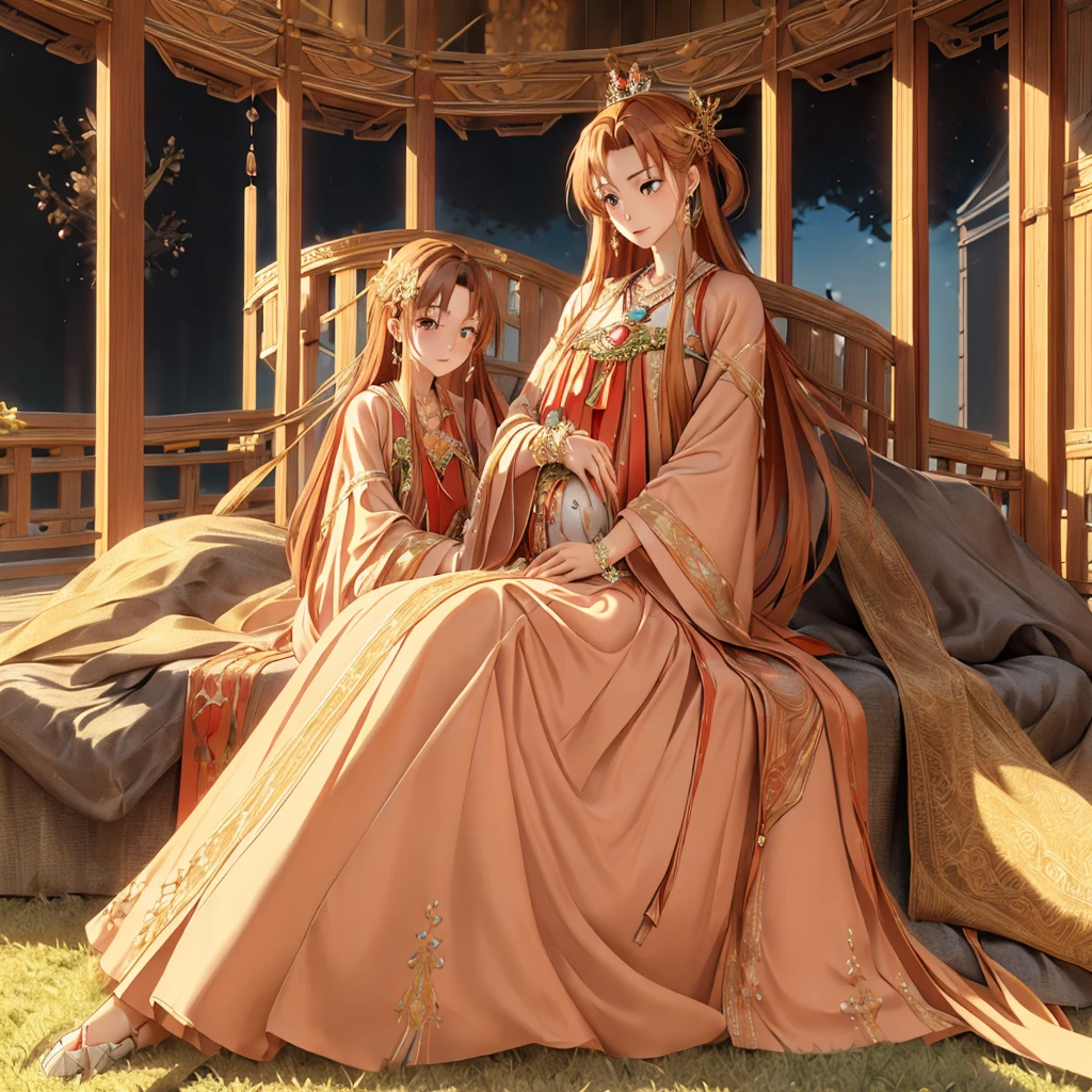 ((highest quality)), ((masterpiece)), (detailed), Perfect Face、Yuuki Asuna、Brown Hair、Hanfu、((Holding a baby with a man))、((Breastfeeding))、Gorgeous embroidery、cuddling with a man、(A man and a woman sit side by side on a large, luxurious throne in a palace)、Gorgeous Phoenix Crown、The woman is wearing a gorgeous court costume.、Woman has a happy face、Gorgeous hair ornament、Earrings、necklace、Bracelet、Luxury accessories、The woman is the empress、The man is the prince、Man hugs woman、Family photo、5-year-old daughter