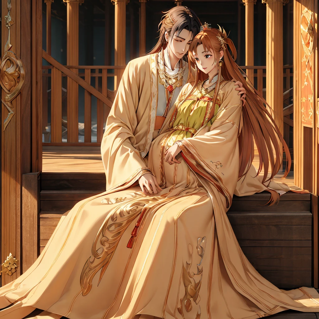 ((highest quality)), ((masterpiece)), (detailed), Perfect Face、Yuuki Asuna、Brown Hair、Hanfu、((Holding a baby with a man))、((Breastfeeding))、Gorgeous embroidery、cuddling with a man、(A man and a woman sit side by side on a large, luxurious throne in a palace)、Gorgeous Phoenix Crown、The woman is wearing a gorgeous court costume.、Woman has a happy face、Gorgeous hair ornament、Earrings、necklace、Bracelet、Luxury accessories、The woman is the empress、The man is the prince、Man hugs woman、Family photo、5-year-old daughter