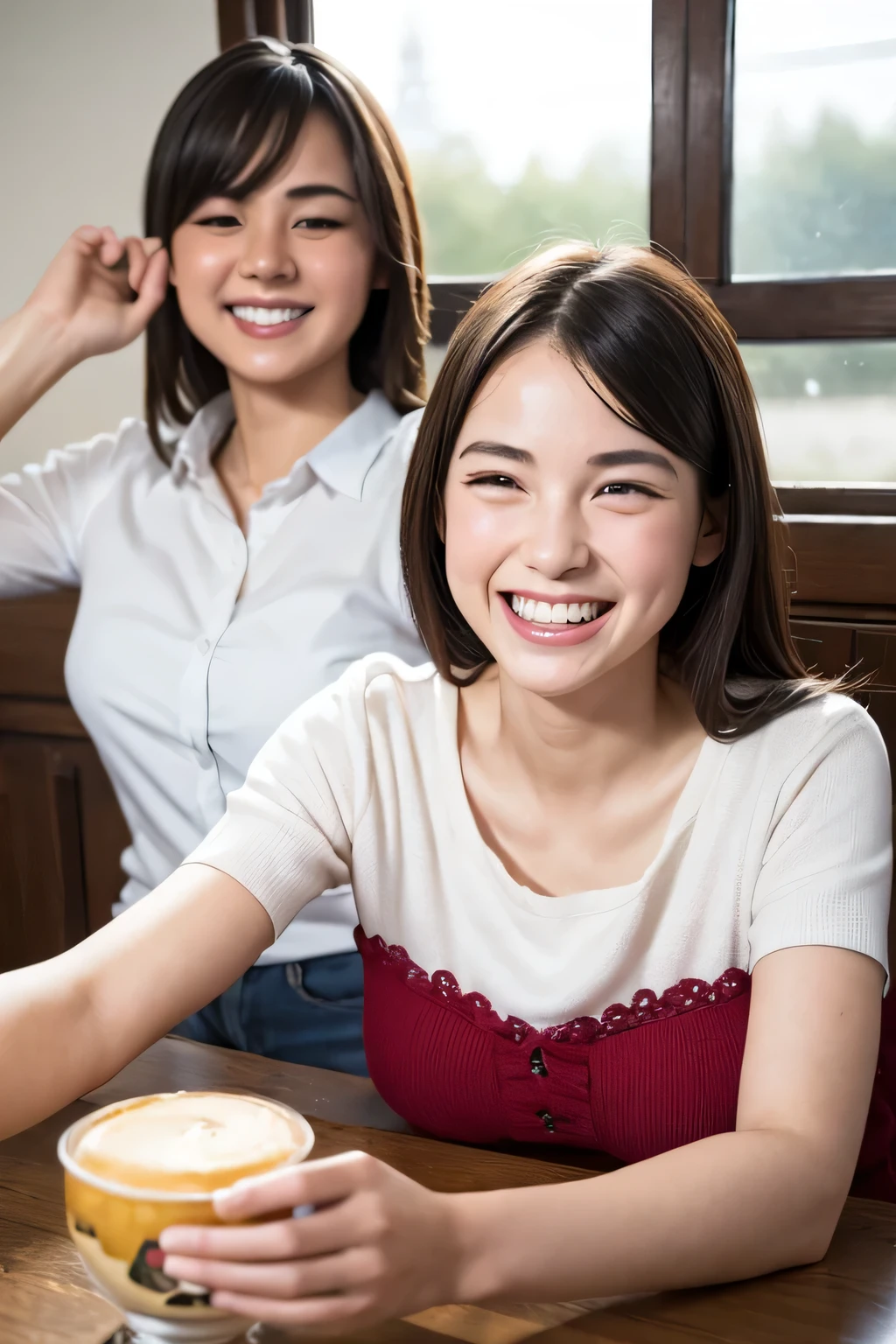 TOP quality,8K, masterpiece, (realistic:1.2),(2girls:1.2), 18yo, (smile, laugh, happy:1.2)