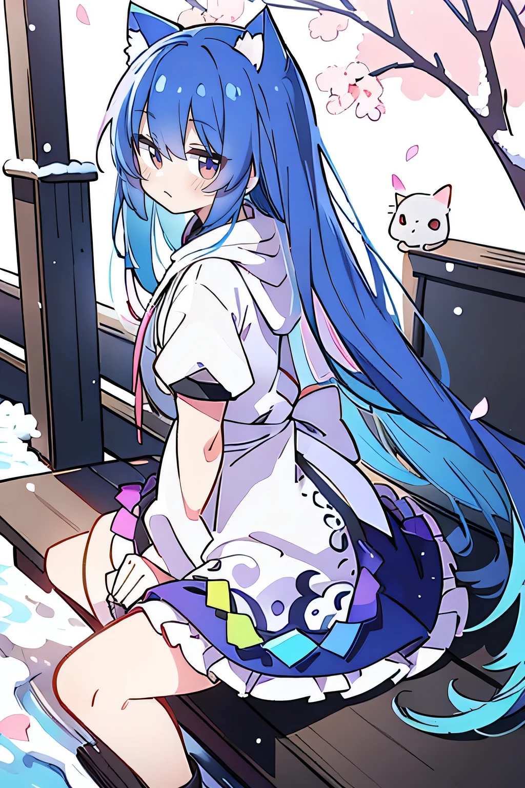 (masterpiece:1.2),Super detailed,lifelike,Expressive eyes,fair skin,perfect face shape,1 girl,
Japanese comics,Gorgeous blue hair,flowing blue hair,flowing clothes,Cat ears,Petals fall,beautiful lola,Baby Angel,
Shaking head with one hand,Cross your legs,Gentle and peaceful background,The pavilion is cool and comfortable,smile, wearing hoodie, background of tokyo,back views,snowing, winter.