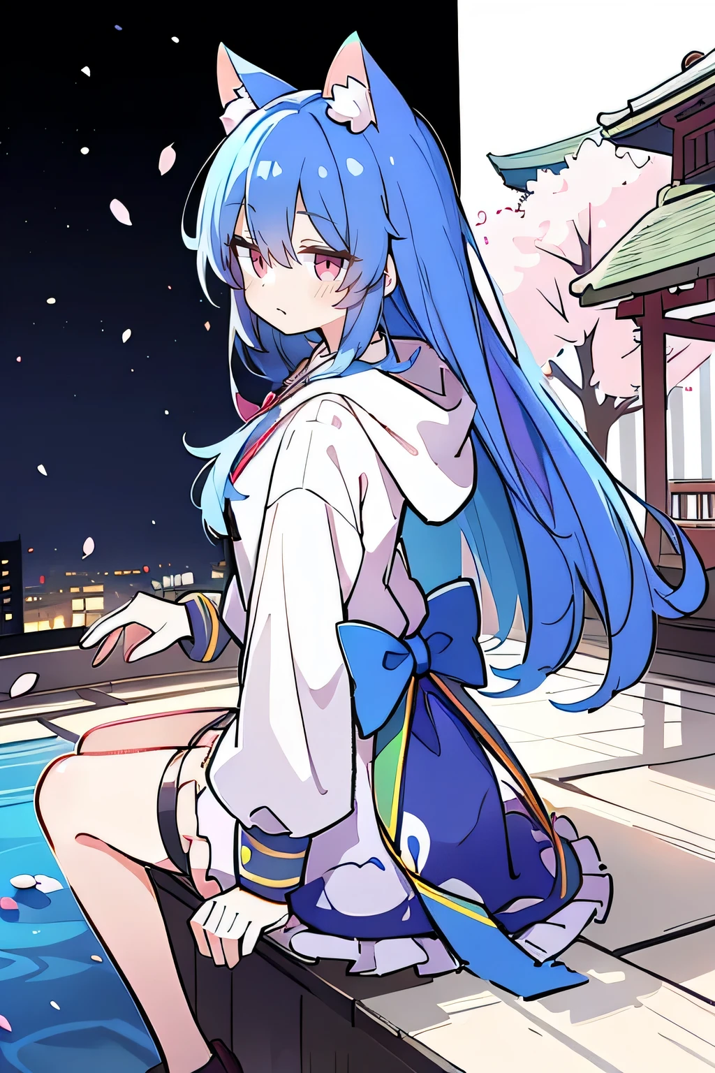 (masterpiece:1.2),Super detailed,lifelike,Expressive eyes,fair skin,perfect face shape,1 girl,
Japanese comics,Gorgeous blue hair,flowing blue hair,flowing clothes,Cat ears,Petals fall,beautiful lola,Baby Angel,
Shaking head with one hand,Cross your legs,Gentle and peaceful background,The pavilion is cool and comfortable,smile, wearing hoodie, background of tokyo,back views,snowing, winter.