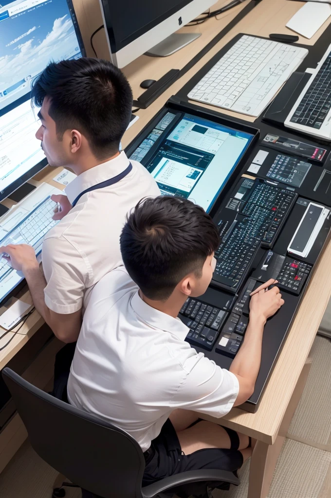 A man is watching a Japanese male engineer working at his desk from behind。The male engineer&#39;s face shows his cheeks and ears。The male engineer is wearing a blue shirt。The male engineer&#39;s right hand is on the mouse。There is a display in front of a male engineer。Display、A large drawing of a car is displayed to the right of the center.。Display左側にはCADソフトの操作メニューが表示されている。The other side of the display、It is a simple office。