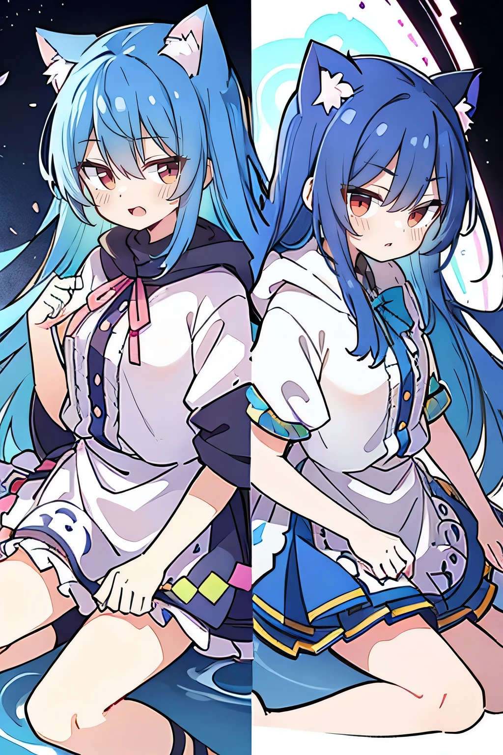 (masterpiece:1.2),Super detailed,lifelike,Expressive eyes,fair skin,perfect face shape,1 girl,
Japanese comics,Gorgeous blue hair,flowing blue hair,flowing clothes,Cat ears,Petals fall,beautiful lola,Baby Angel,
Shaking head with one hand,Cross your legs,Gentle and peaceful background,The pavilion is cool and comfortable,smile, wearing hoodie, background of tokyo,back views,snowing, winter.