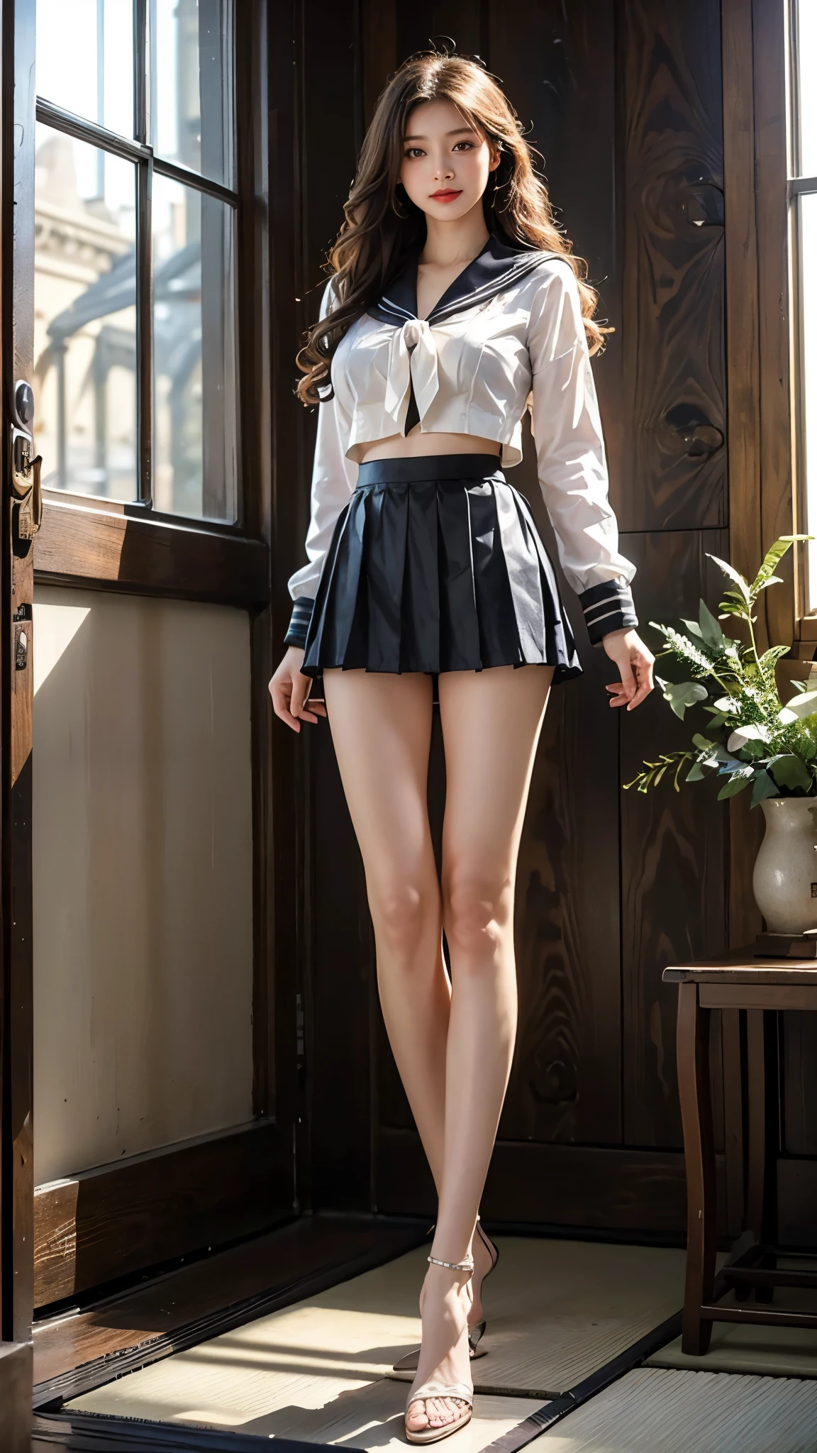 ((highest quality)), (masterpiece)), (detailed: 1.4), 3D, An absurd solution, High resolution, (masterpiece: 1.4), 超detailedな, 1 beauty, Shiny brown hair, Beautiful blue eyes, Beautiful Face, 24-years-old, indoor, floating, Very tall woman, window, Standing posture,,Small face,High heelsを履く,Large Breasts,Big Hips,Thick thighs,(Long legs:1.2),Wavy Curly Hair,Red lips,Raw photo,、(Intricate details:1.4)、(Photorealistic:1.4)、レンダリングの超detailed, Soft studio light, Rim Light, Vivid details, Super Detail, Realistic skin textures, 面のdetailed, Beautiful eyes in every detail, 非常にdetailedな CG Unity 16k 壁紙, compensate, (detailedな背景:1.2), Glowing Skin, Full Body、Cleavage,Mature Woman, Hip Up,Long Hair,Watching the audience、Full body photo,,Abdominal muscles, Perfect figure, Ultra-thin face, Facial lighting , ((Large Breasts:1.4))、Tight waist,((Beautiful Japanese Women:1.3))、Voluptuous body line、(Low angle shot:1.1),Angle from below、Photograph the whole body,非常にdetailedな顔,A face that should not be disturbed,Beautiful legs,High heels,Beautiful feet、Long legs、Black stiletto heels del pose、Height: 180cm,Thighs open,smile、Nipples visible,The areola is protruding,Long legs,Incredibly sexy、Elegant legs、Long legs、Long, thick legs、とても美しいLong, thick legs、Beautiful feet、Very beautiful volume of legs、Leg and thigh shots、(((No bra)))、(Translucent shirt:1.2), 紺色のSailor suit、(((Sailor suit、Sailor Mini Skirt))Low-rise black pleated micro mini skirt:1.1, (black pleated mini skirt:1.5), No bra