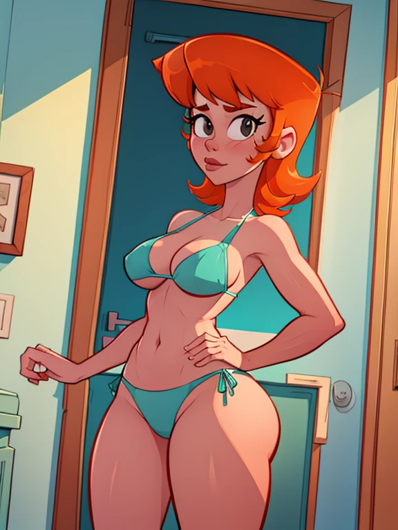 dextersmom, 1girl, mature female, wide hips, orange hair, black eyes, makeup, wearing bathing suit, bare shoulders, pool, (sittng ass on side of the pool), (nipple outlines under bathingsuit), slight smile, big breasts, big ass, thick thighs, wide hips, nude, cleavage, ((nsfw, nude, naked, spreading legs, sitting , bedroom, hairy pubic hair, view from front)),