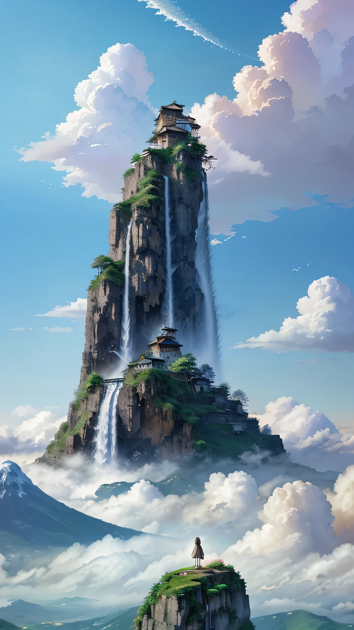a close up of a picture of a waterfall and a mountain footing in sky, anime nature, anime landscape, beautiful anime scene, anime beautiful peace scene, beautiful anime scenery, floting in sky makoto shinkai cyril rolando, ross tran. scenic background, anime scenery, anime scenery concept art, anime background art, floting in sky japanese art style, japanese fantasy, studio ghibli sky, highly detailed 8 k art