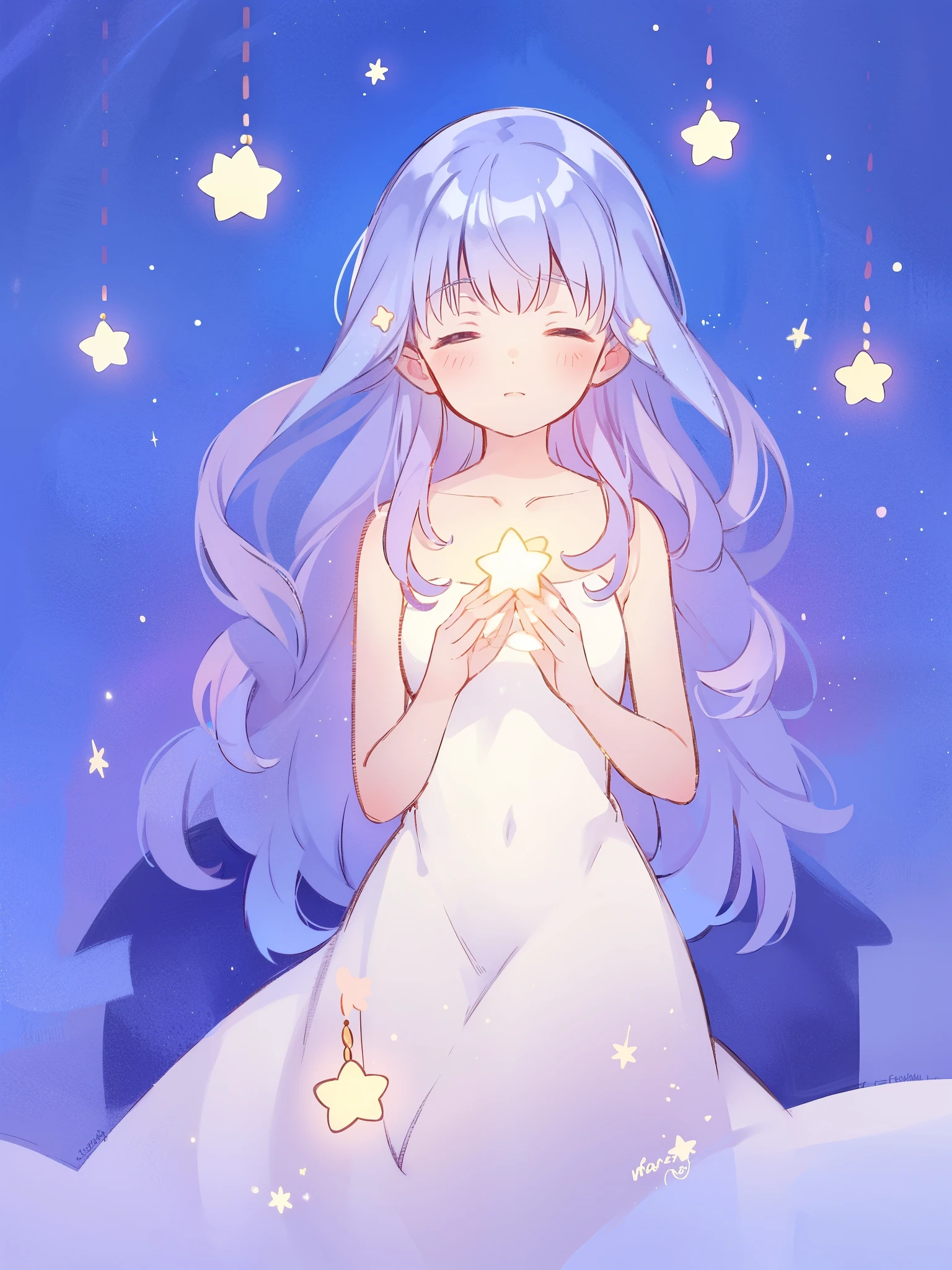 wishing star background, woman surrounded by flowing translucent fabric that reflects the stars, glowing star in front of woman's chest, magical, complex drawing, highly detailed, ethereal, starry night, midjourney style