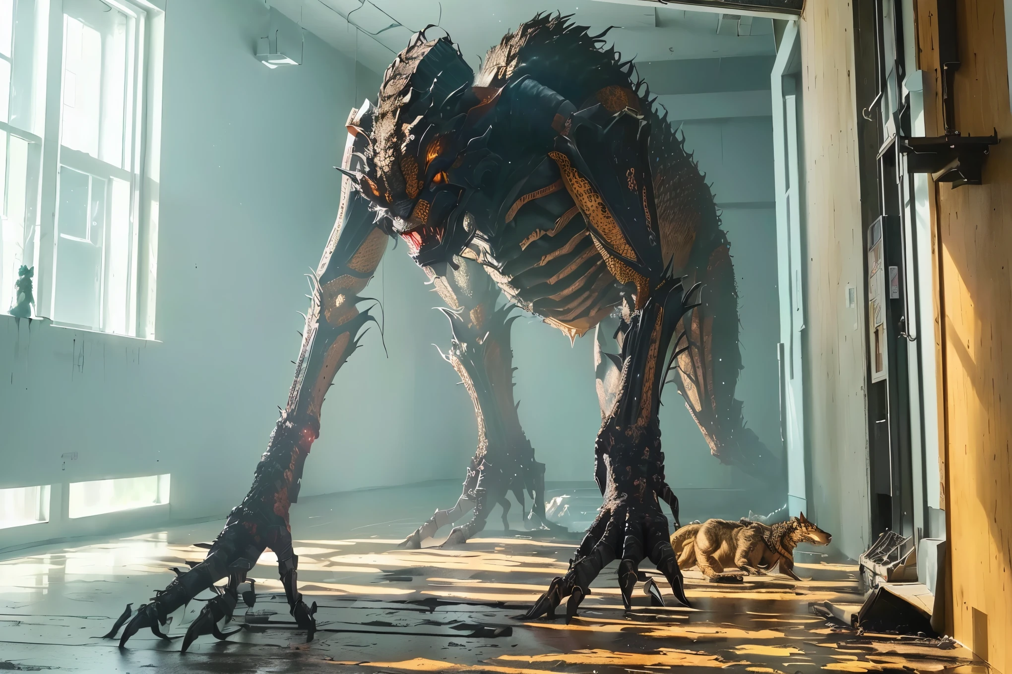 there is a giant monster standing in a room with a cat, Weta filme da Disney ainda foto, Demogorgon de Stranger Things, Stranger Things Demogorgon, demogorgon, uma criatura de 5 metros de altura, o mal dentro do monstro, Weta FX, a humanoid mosquito wolf, waiter studio, arte conceitual de criatura, waiter studios, nanotech demon monster horror