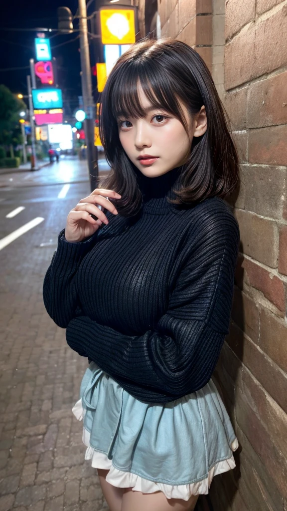 muste piece, best quality, illustration, Super detailed, fine details, High resolution, 8K,wall paper, perfect dynamic composition,(Details High quality, realistic depiction of eyes:1.3), short hair, (wavy hair:1.2), Oversize Pullover Dress, Layered Cut, black hair color, Big Natural Color Lip, sexy pose, crying a little、cold gaze, Harajuku style、20 year old girl、cute type、lolita, hposing Gravure Idol, at midnight, full body photo、focus on crotch, huge breasts