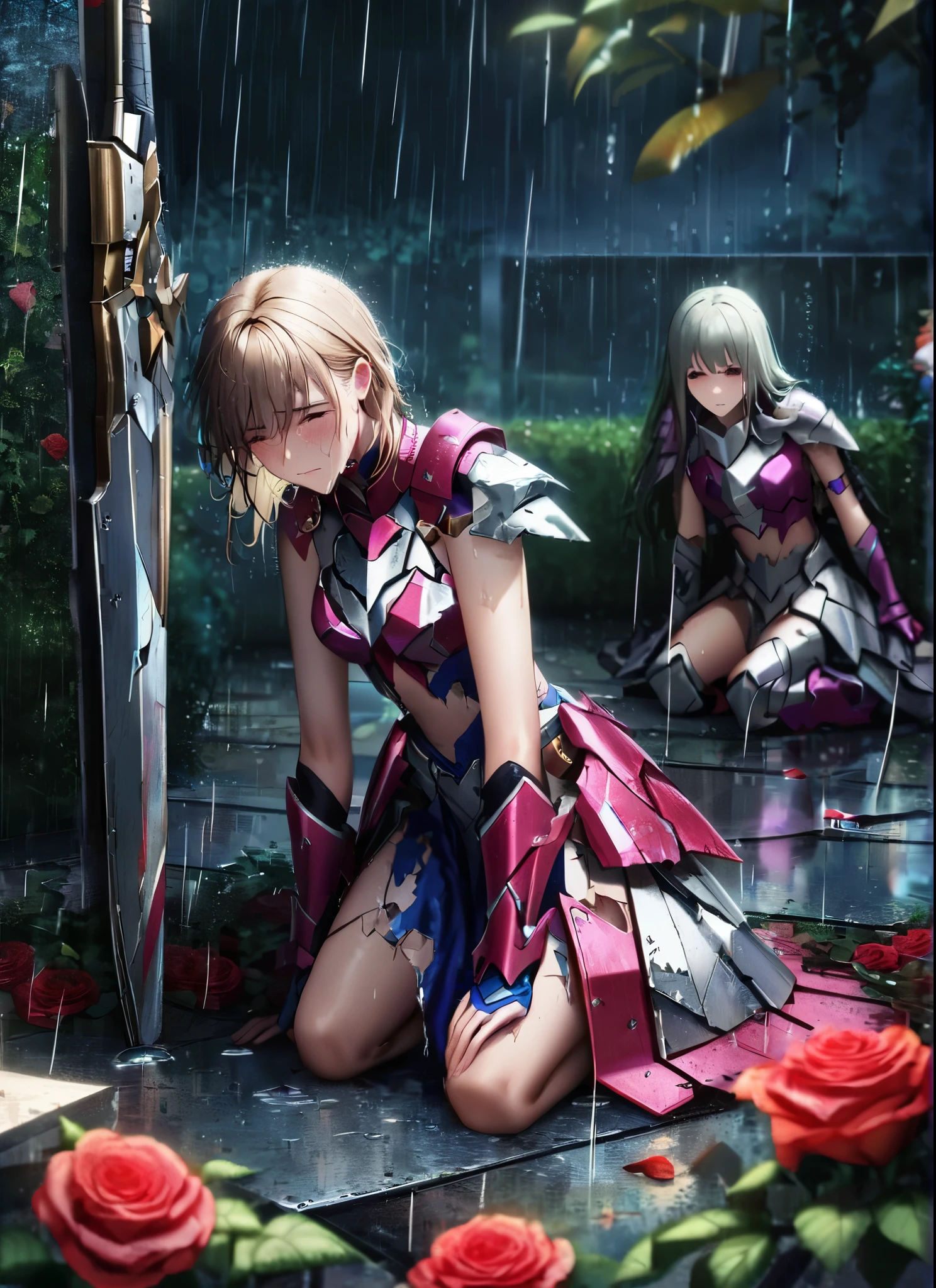 three girls, kneeling in the floor, wearing a ultra shattered and ultra broken cute skimpy bright armor,  lot of missing pieces, very damaged armor ,ripped clothes, broken helmet ,broken shield  and broken sword, in tears, sad, dramatic scene, tears flowing in the face, garden, roses, rain, ultra detailed face 