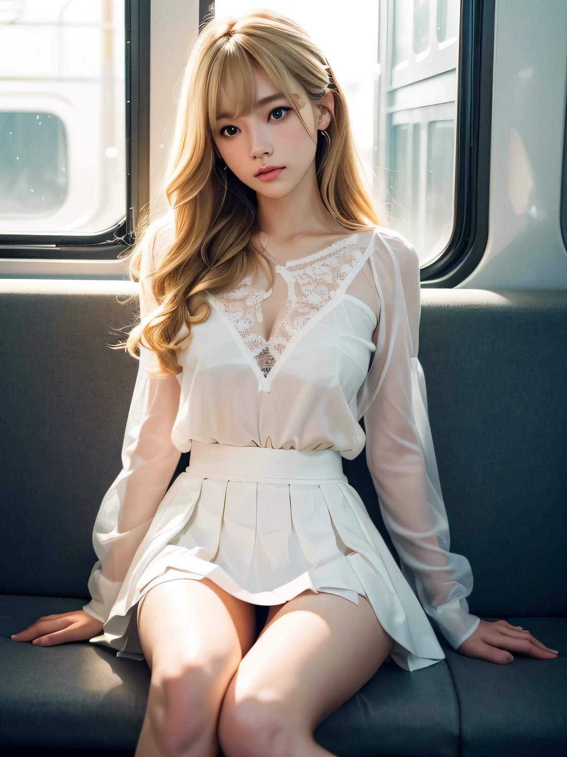 8K、Photo image masterpiece、highest quality、Super-resolution、Low angle image、Beautiful woman with golden curly hair、((Blonde beauty))、With bangs、Unbelievably cute face、And slim、Small breasts、High resolution、masterpiece、Exquisite Function 、Delicate eyes、Delicate blonde hair、8K quality、Pale light and shadow、Dindal effect、Disturbance blonde、With bangs、((A photo from the delicate feet)、(Detailed RAW photos of girls)、(Tabletop:1.25)、 (Highest quality:1.6)、(超High resolution:1.5)、(Real:1.75)、8k resolution、Canon EOS R5、50mm、Image from the foot、((Woman sitting in front of a train、Thigh Gap 、Direct light from below、Illuminate the inside of the skirt、Voyeur in skirt、Panty voyeur))、Japanese women、(Sheer black skirt、I can see your underwear、Thin fabric shirt)、One beautiful girl、((( White string panty shot)))、Fair skin、cute、Embarrassing、Super Beauty、Disturbance、Ultra-fine、Cinema Lighting、Skirt peeking、String panty voyeur、