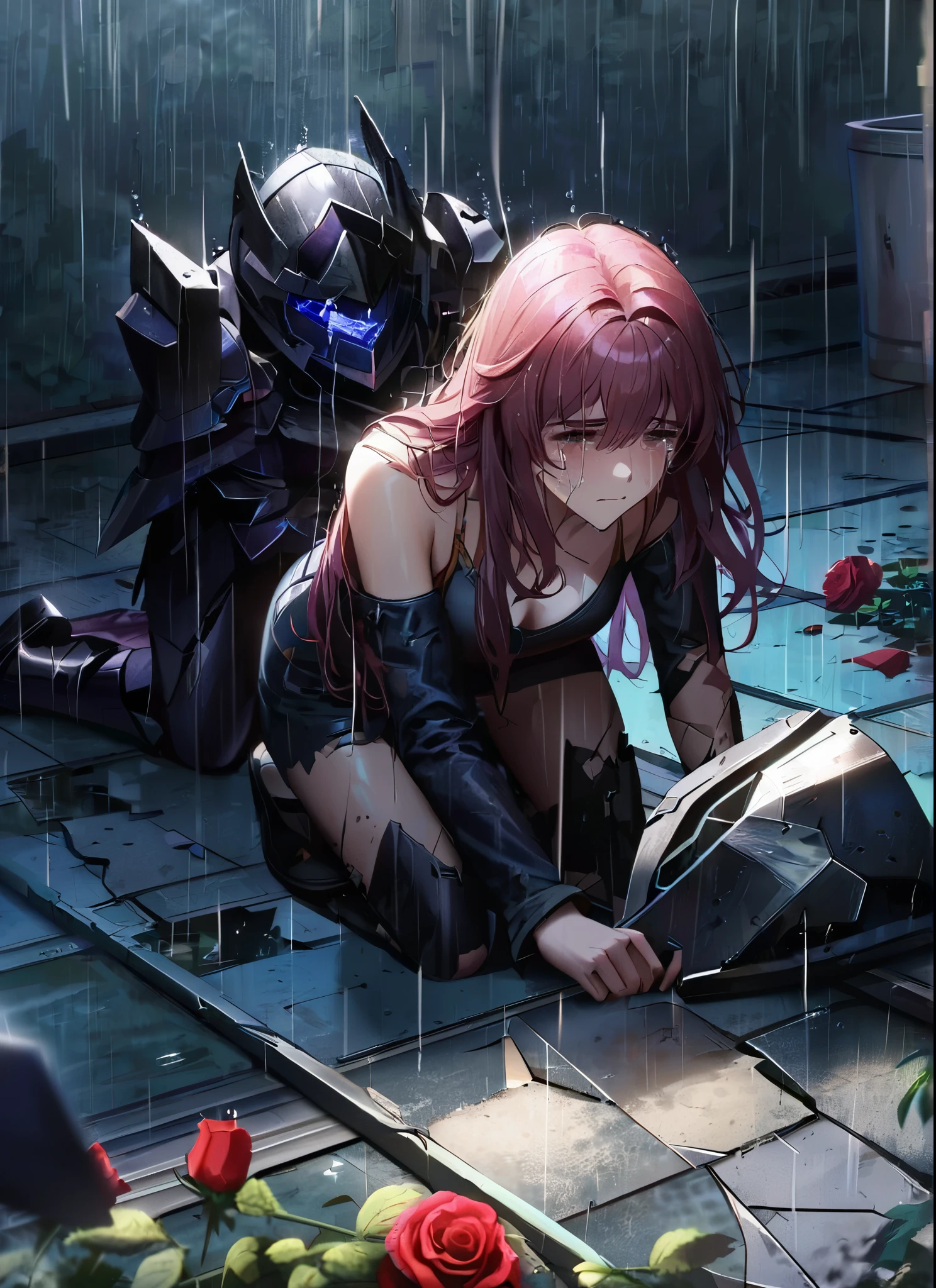 three girls, kneeling in the floor, wearing a ultra shattered and ultra broken cute skimpy dark armor,  lot of missing pieces, very damaged armor ,ripped clothes, broken helmet ,broken shield  and broken sword, in tears, sad, dramatic scene, tears flowing in the face, garden, roses, rain, ultra detailed face 