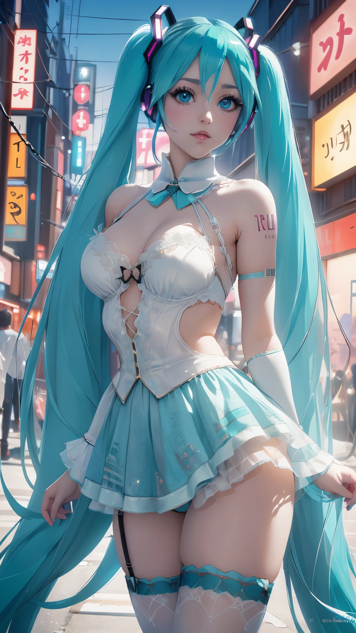 (La mejor calidad,A high resolution,Ultra - detallado,actual),Ariana Grande, chica anime cosplay, anime cosplay, (Hatsune Miku cosplay:1.4) , foto de cosplay, dos colas blancas_guantes, cosplay, lindo anime waifu con un bonito vestido, chica anime con pelo largo, Diosa del anime, cosplay elegante y glamoroso, chica anime disfrazada de sirvienta, More detailed 8K.motor irreal:1.4,High Definition,La mejor calidad:1.4, fotorrealista:1.4, textura de la piel:1.4, obra maestra:1.8,obra maestra, mejor calidad,objeto Objeto], (rasgos faciales detallados:1.3),(Las proporciones correctas)(Detalles de la cara: 1.5, ojos azules brillantes, hermoso rostro, ojos bonitos, Iris lining, labios delgados: 1.5, delgado, pale and sharp eyebrows, Largo, dark eyelashes, double eyelashes),,  (pose vaquero), ,( ciberpunk 2.1), (vestuario kawaii :1.4), (manos perfectas: 1.5) , (perfect anatomy), (tokyo night alley background:1.4), (mostrando panties lingerie encaje white :1.4), (estilo encaje panties white:1.4) 
(Background A black metal future technological gateway on the top of a mountain), ,(Fondo de ruinas de mazmorra en ruinas:1.4 ), (colores brillantes), (Cinematic V2.1) 