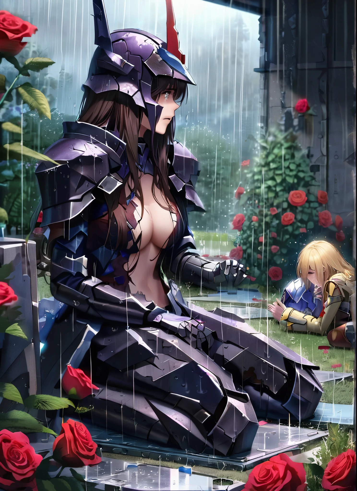 three girls, kneeling in the floor, wearing a ultra shattered and ultra broken cute skimpy dark armor, lot of missing pieces, very damaged armor ,ripped clothes, broken helmet ,broken shield and broken sword, in tears, sad, dramatic scene, tears flowing in the face, garden, roses, rain, ultra detailed face